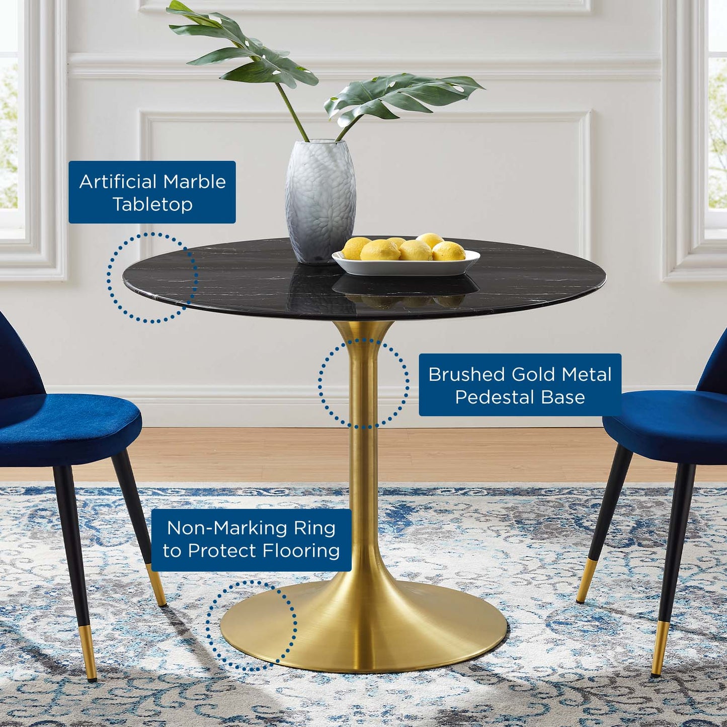 Lippa 40" Artificial Marble Dining Table, Artificial Marble, Metal Steel, Gold Black, 20936