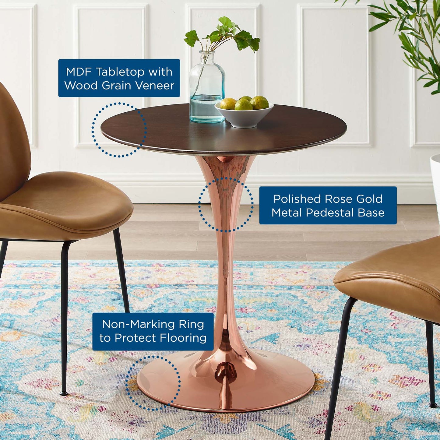 Lippa 28" Wood Dining Table, Wood, Rose Gold Dark Brown Brown Walnut, 20943