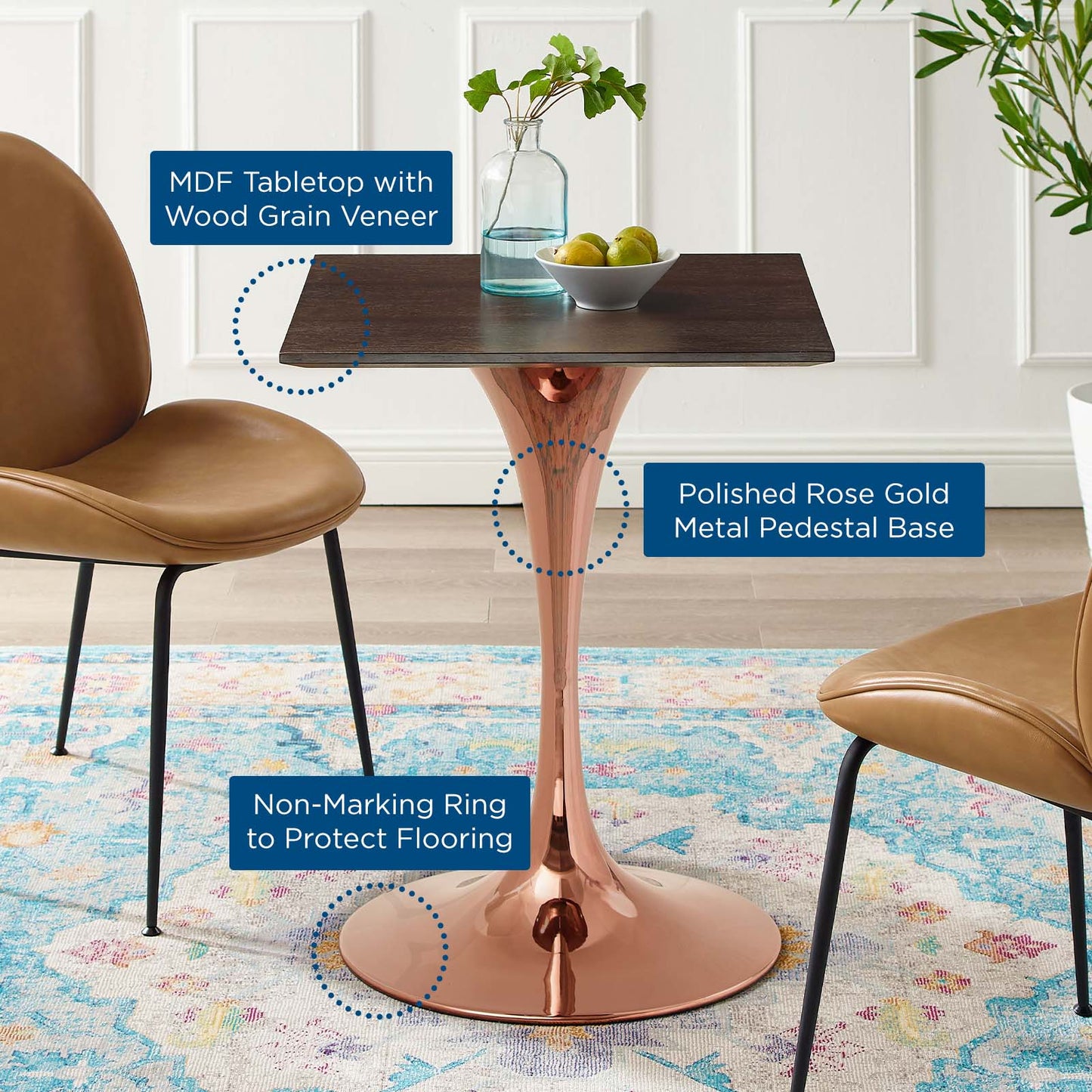 Lippa 24" Square Wood Dining Table, Wood, Rose Gold Dark Brown Brown Walnut, 20949