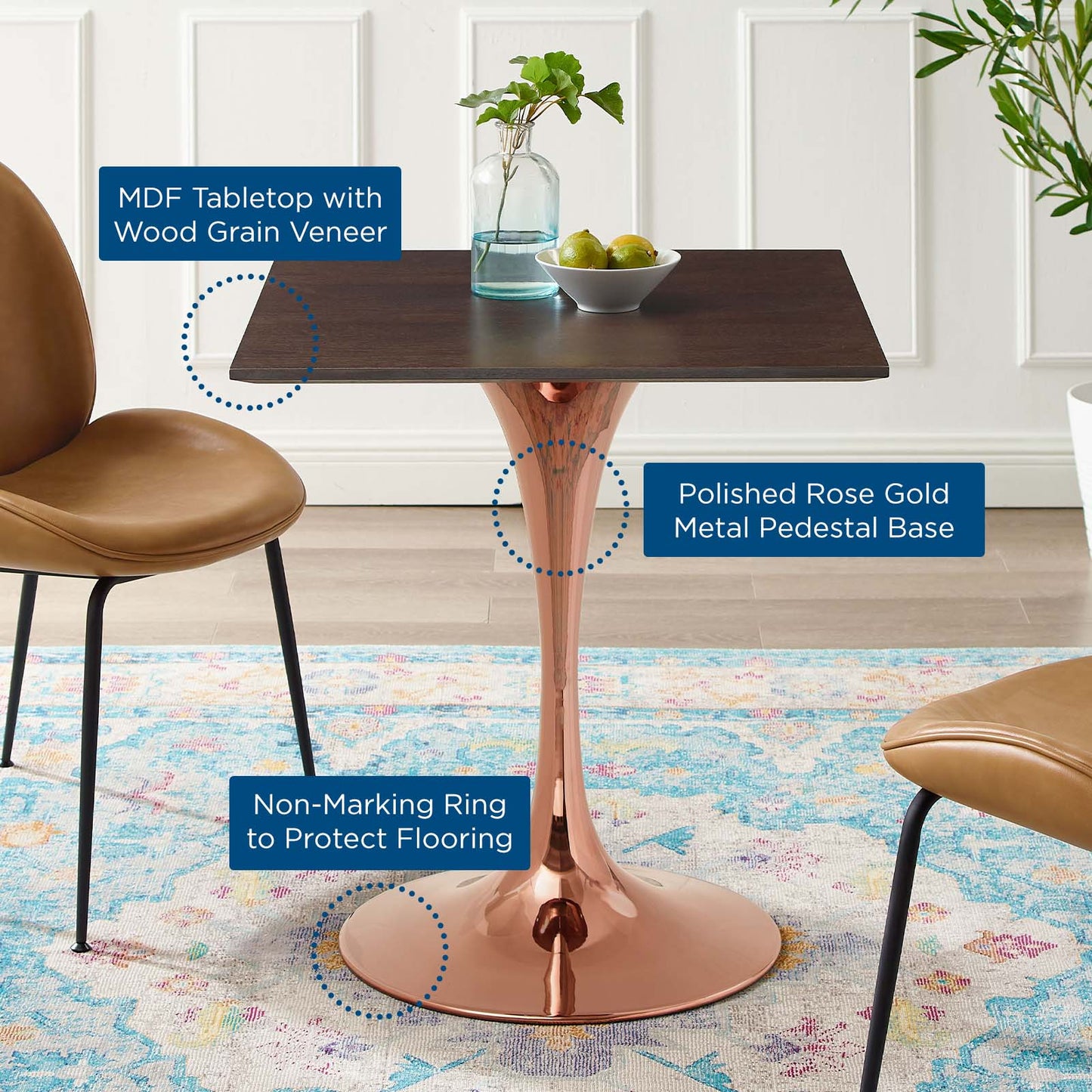 Lippa 28" Square Wood Dining Table, Wood, Rose Gold Dark Brown Brown Walnut, 20951