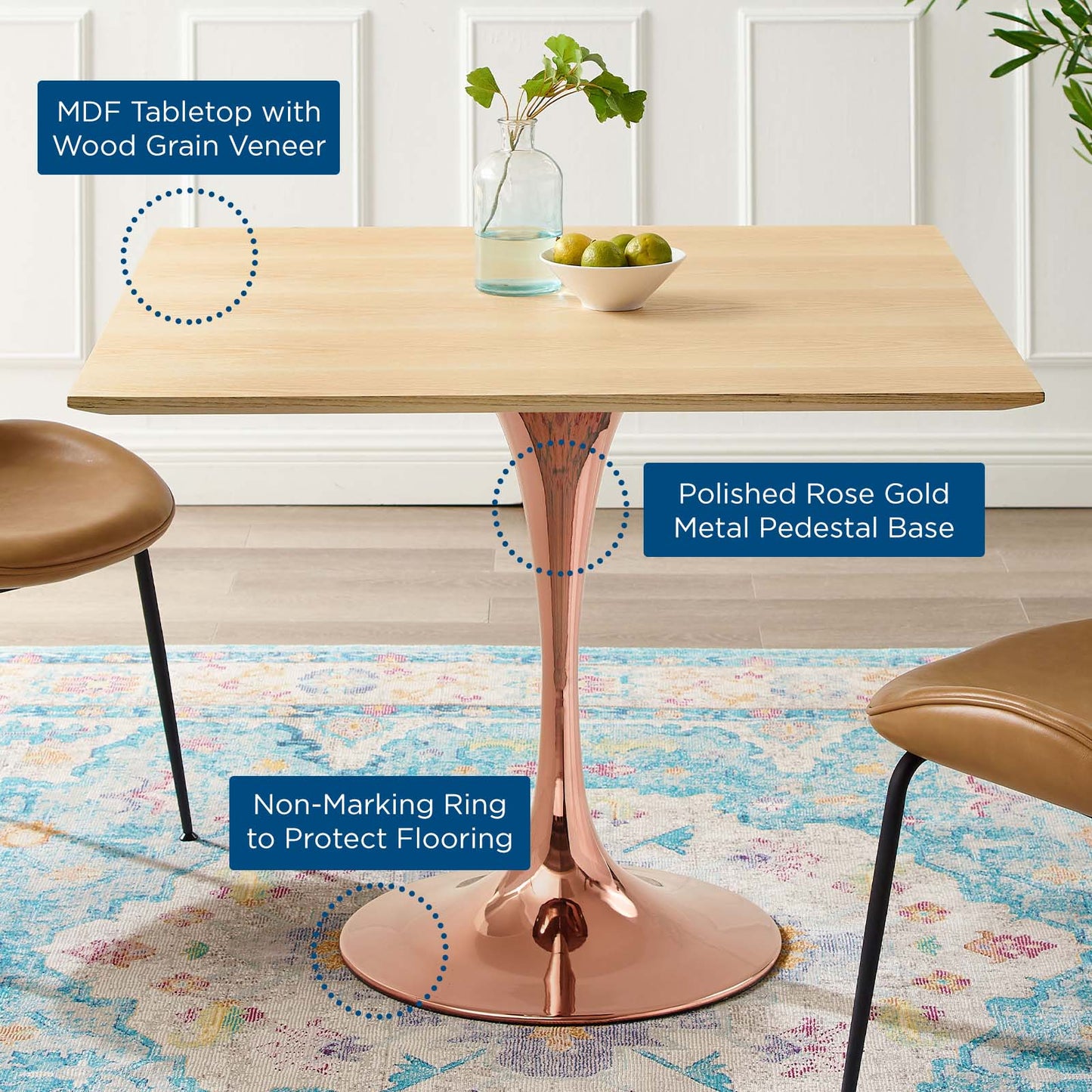 Lippa 36" Square Wood Dining Table, Wood, Rose Gold Brown Natural, 20954