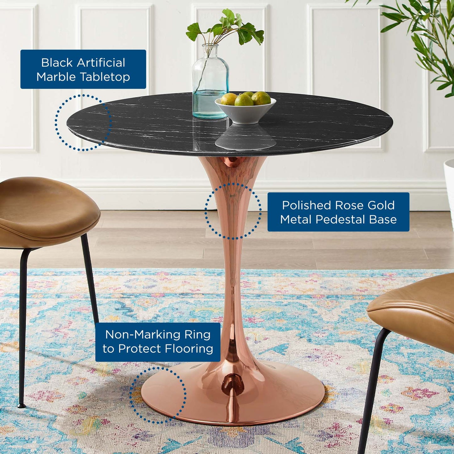 Lippa 36" Artificial Marble Dining Table, Artificial Marble, Metal Steel, Rose Gold Black, 20956