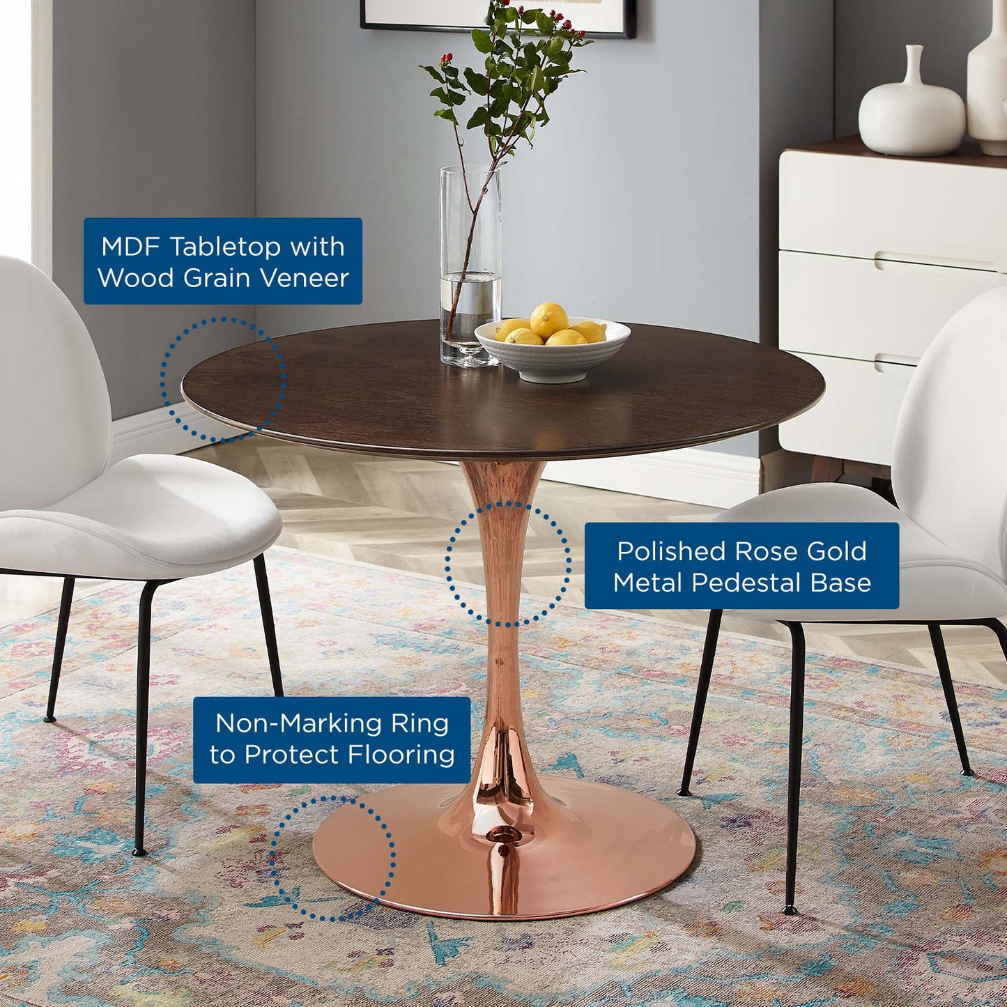 Lippa 40" Wood Dining Table, Wood, Rose Gold Dark Brown Brown Walnut, 20959