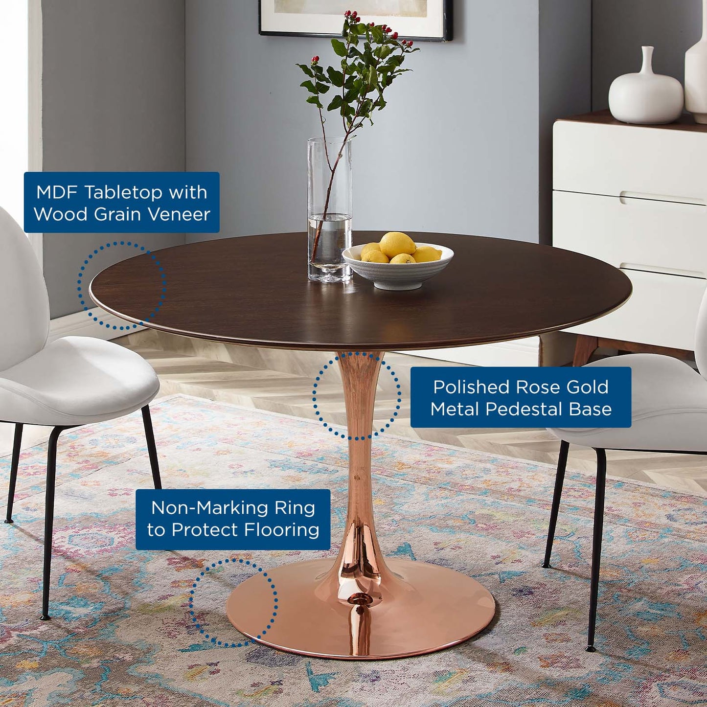 Lippa 47" Wood Dining Table, Wood, Rose Gold Dark Brown Brown Walnut, 20961