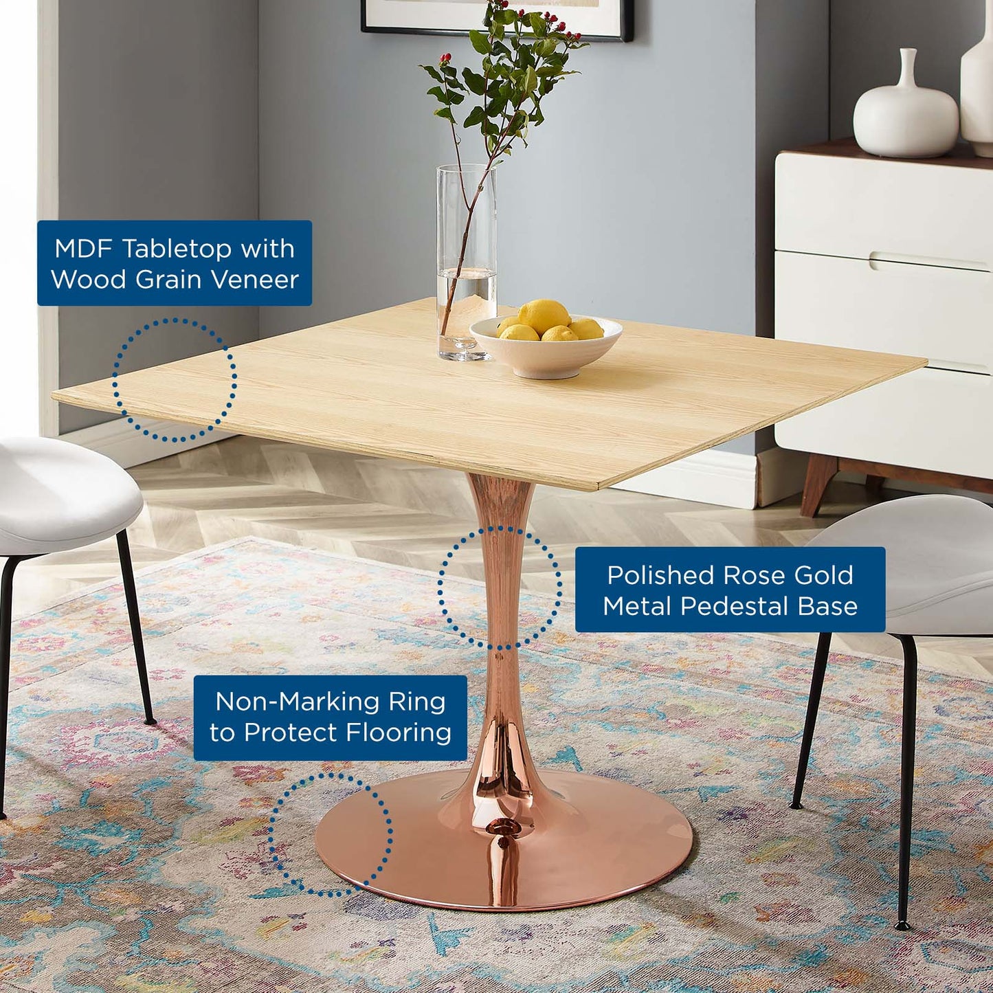 Lippa 40" Square Wood Dining Table, Wood, Rose Gold Brown Natural, 20966