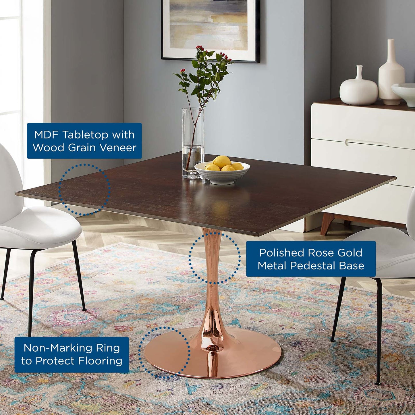 Lippa 47" Square Wood Dining Table, Wood, Rose Gold Dark Brown Brown Walnut, 20967