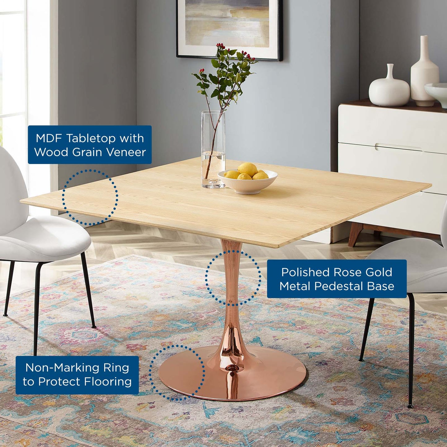 Lippa 47" Square Wood Dining Table, Wood, Rose Gold Brown Natural, 20968