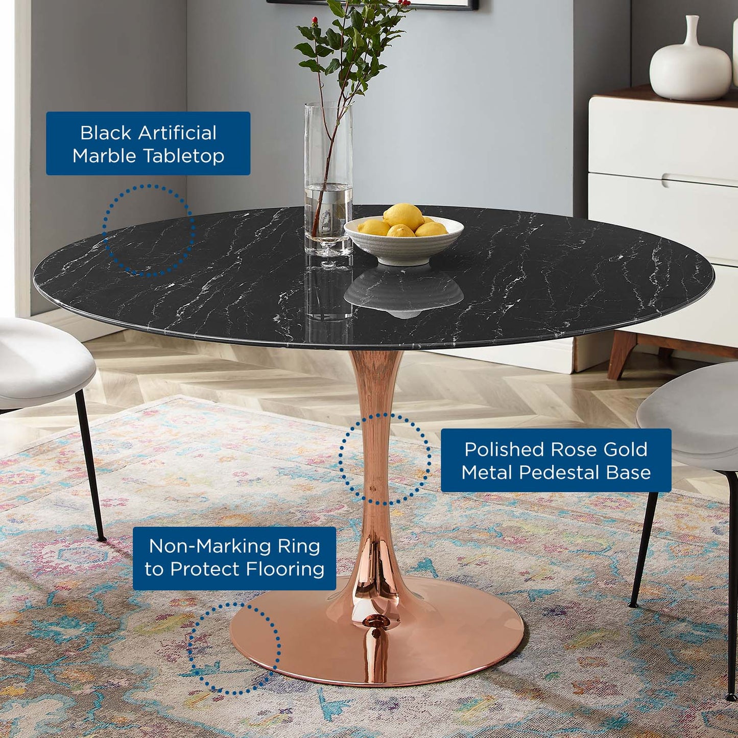 Lippa 54" Artificial Marble Dining Table, Artificial Marble, Metal Steel, Rose Gold Black, 20971