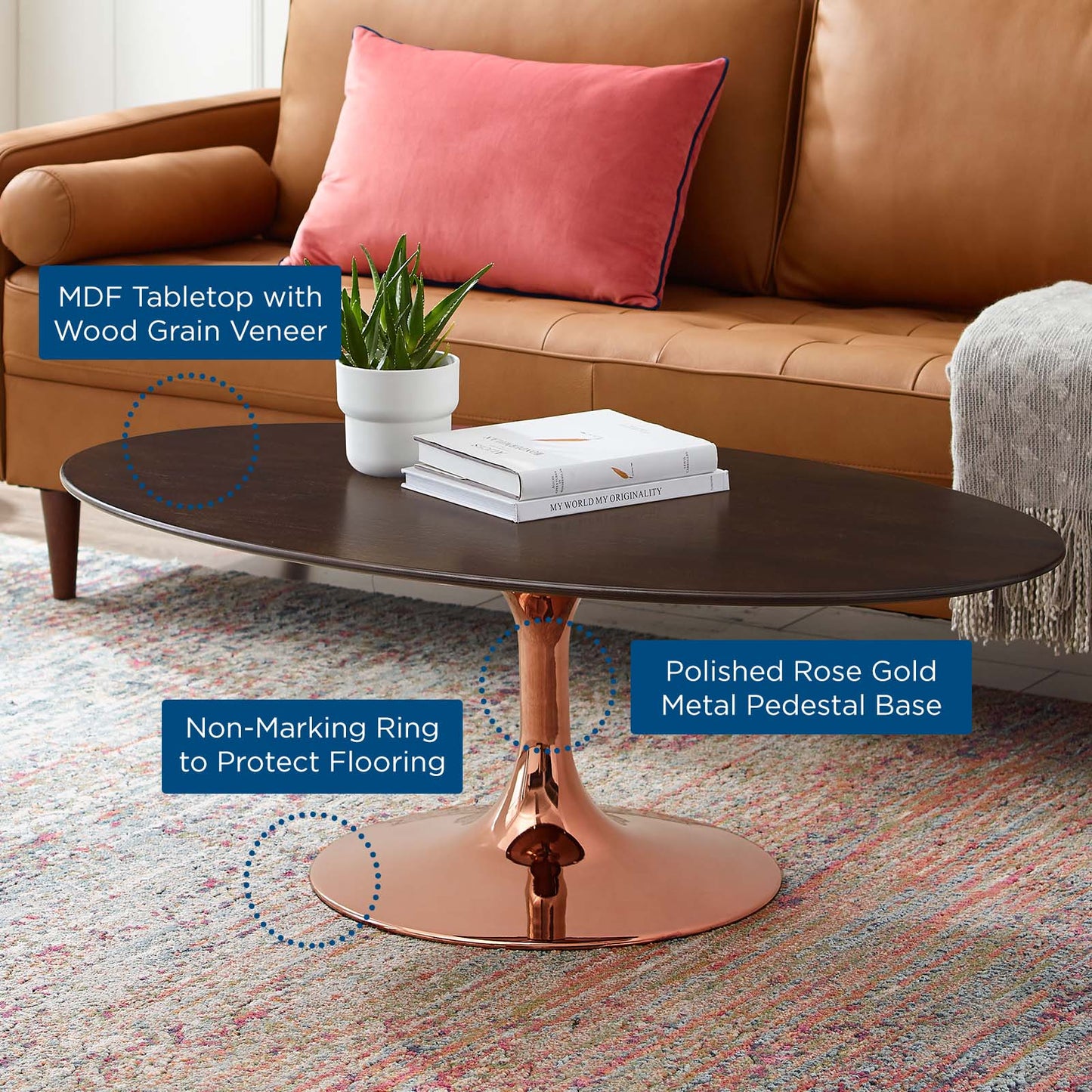 Lippa 36" Oval Wood Coffee Table, Wood, Metal Steel, Rose Gold Dark Brown Brown Walnut, 20977