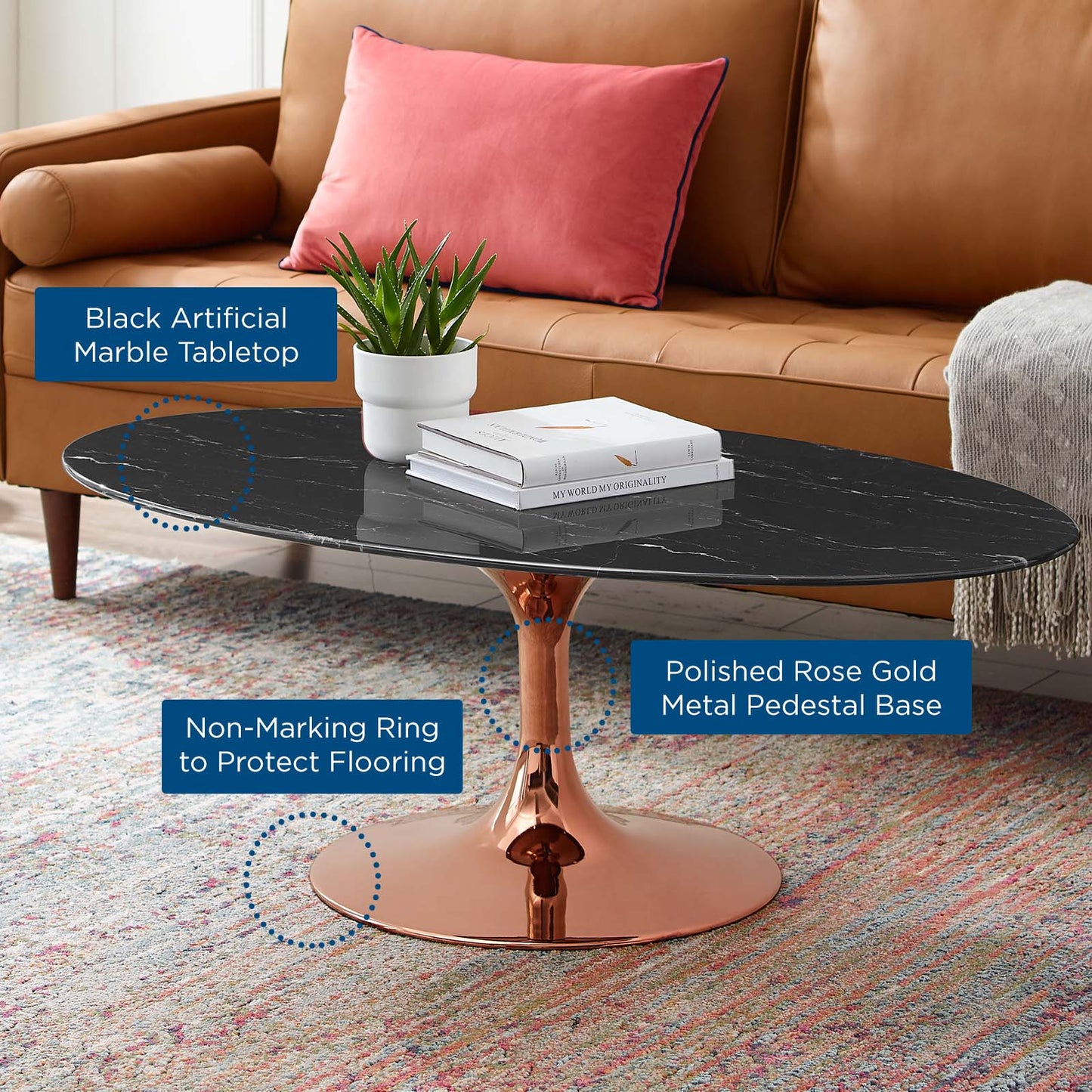 Lippa 48" Oval Artificial Marble Coffee Table, Artificial Marble, Metal Steel, Rose Gold Black, 20981