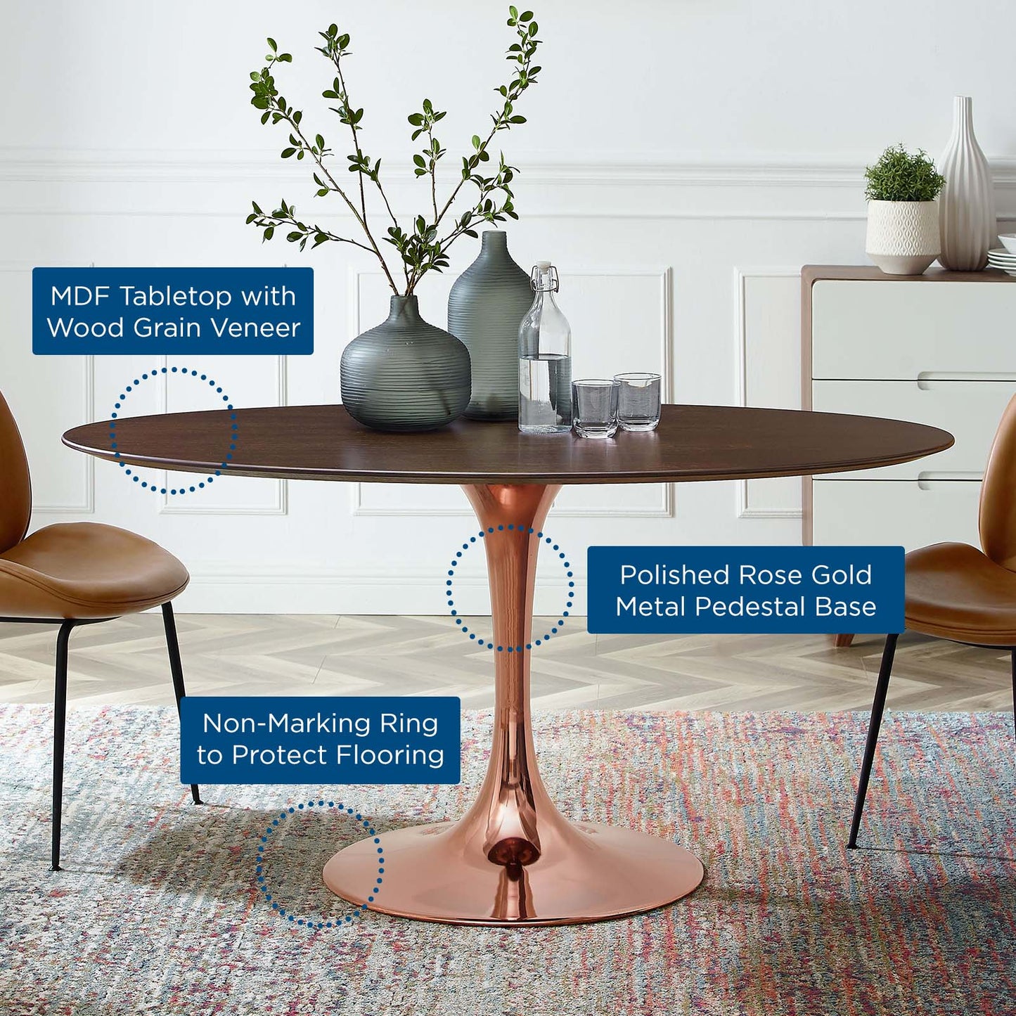 Lippa 60" Oval Wood Dining Table, Wood, Rose Gold Dark Brown Brown Walnut, 20982
