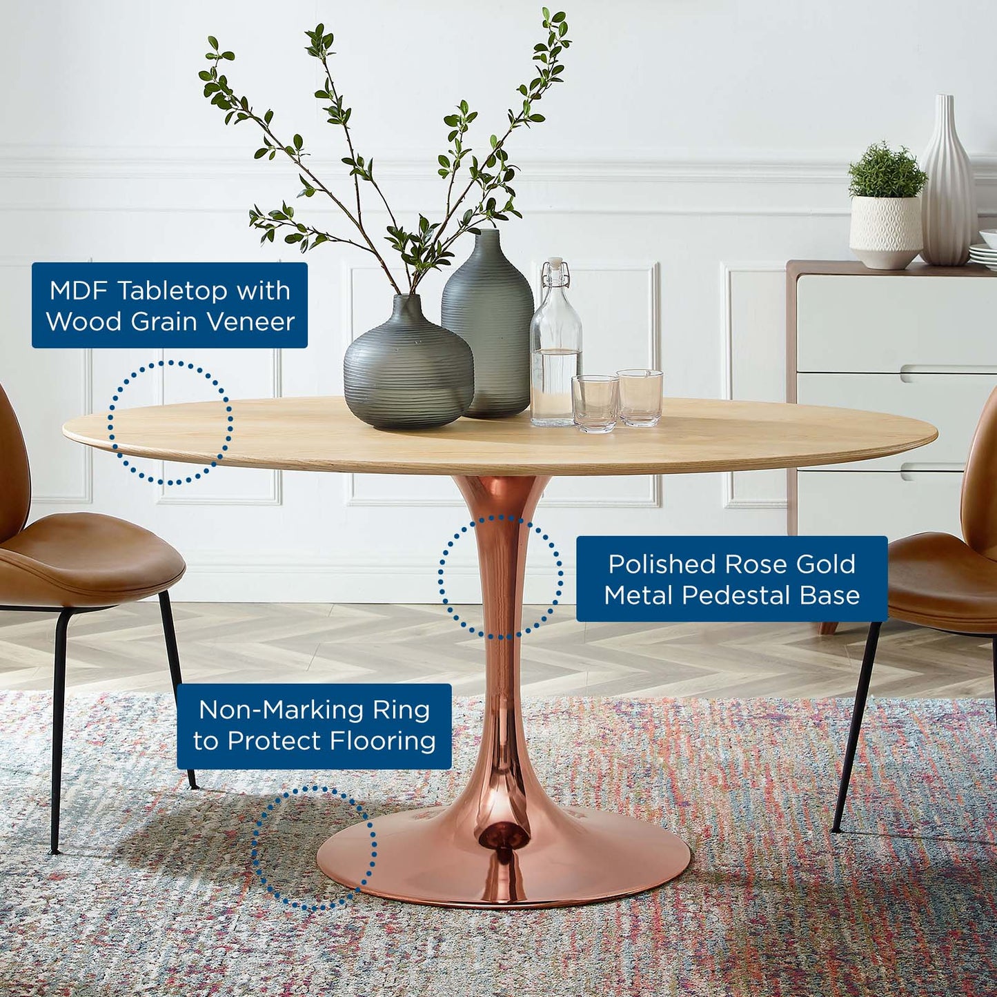 Lippa 60" Oval Wood Dining Table, Wood, Rose Gold Brown Natural, 20983