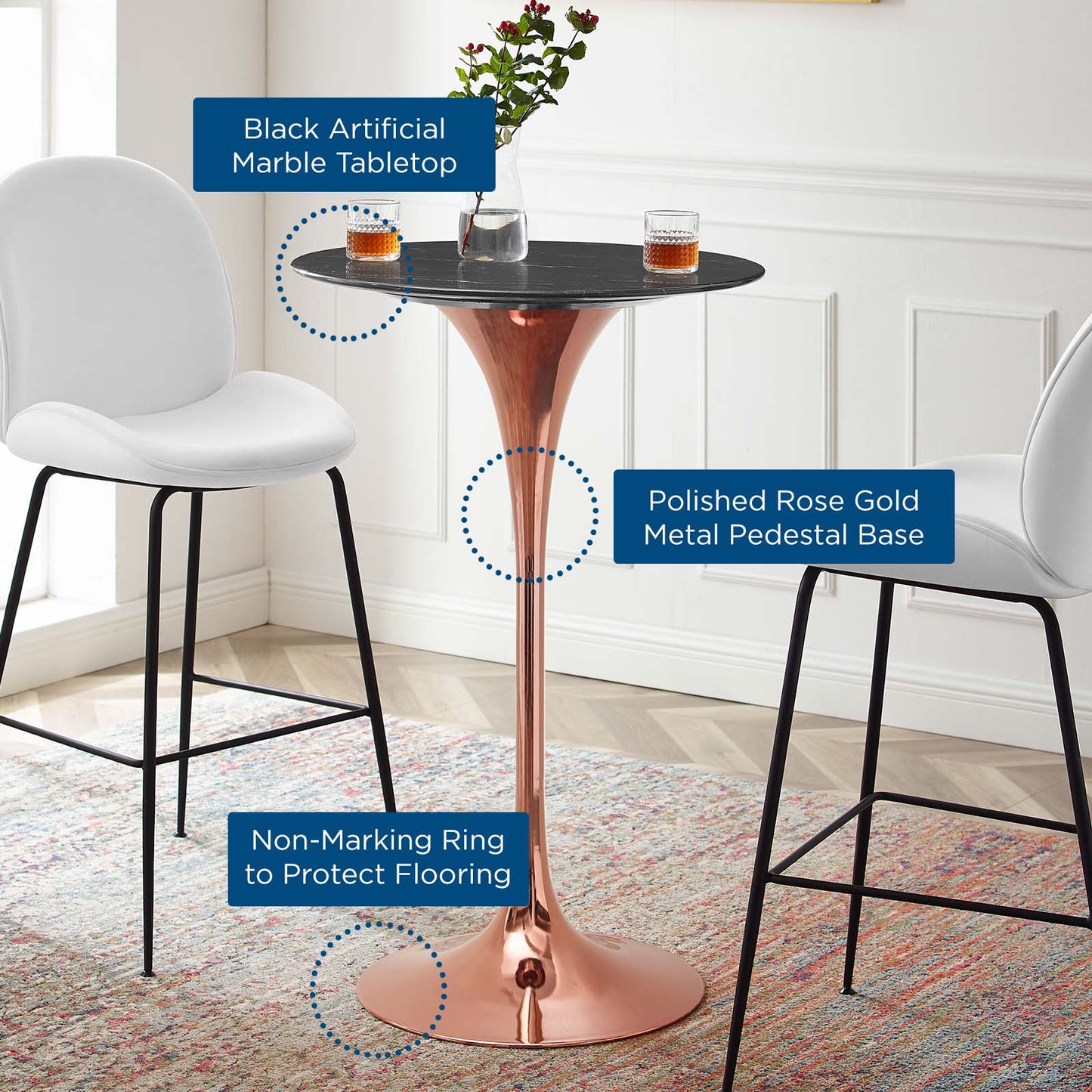 Lippa 28" Artificial Marble Bar Table, Artificial Marble, Metal Steel, Rose Gold Black, 20991