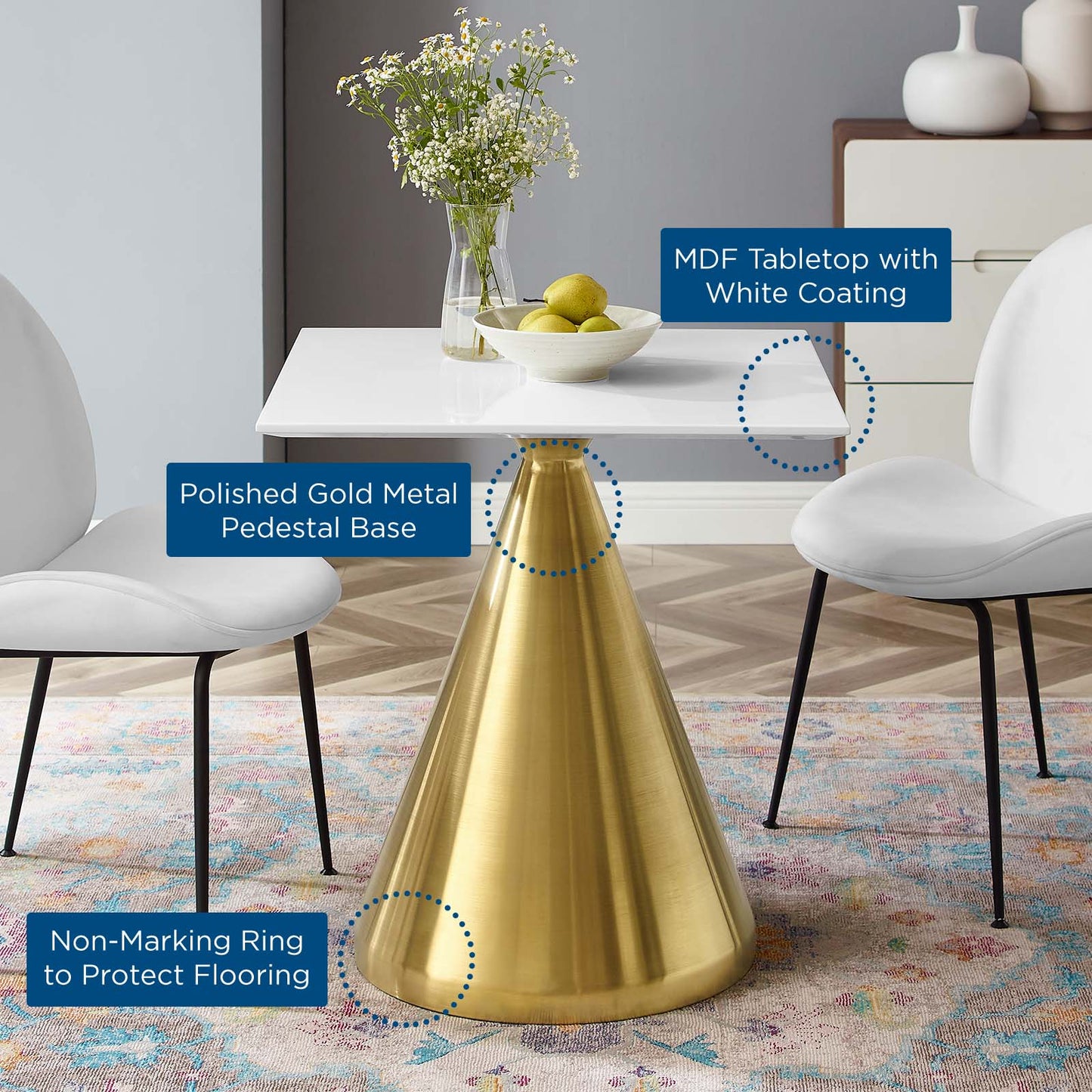 Tupelo 28" Square Dining Table, Wood, Metal Steel, Gold White, 20995