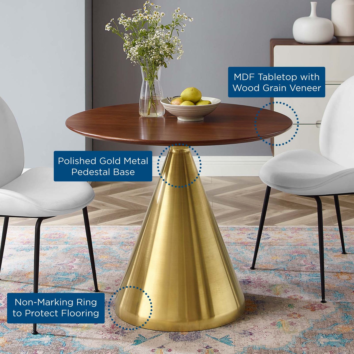 Tupelo 36" Dining Table, Wood, Metal Steel, Gold Brown Brown Walnut, 20999