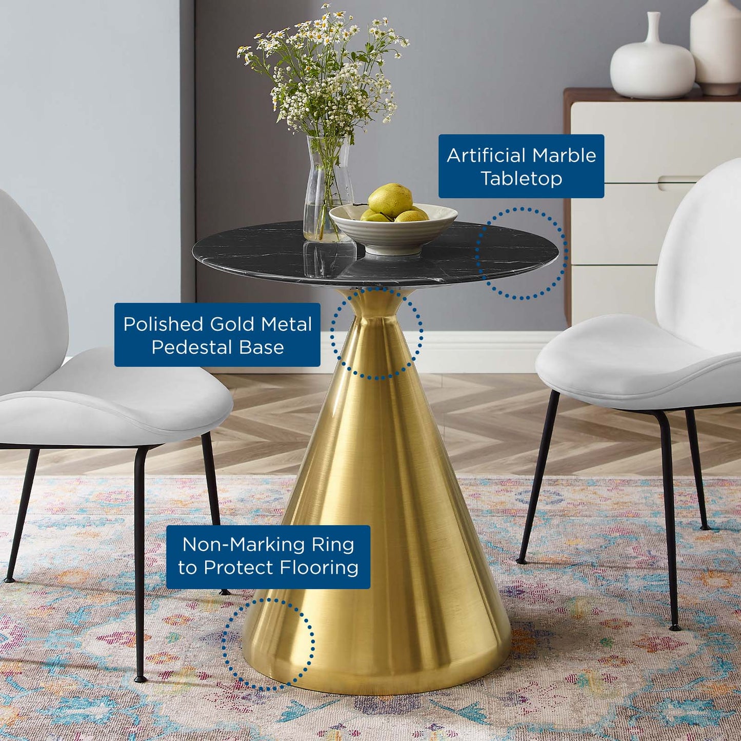 Tupelo 28" Artificial Marble Dining Table, Artificial Marble, Metal Steel, Gold Black, 21006