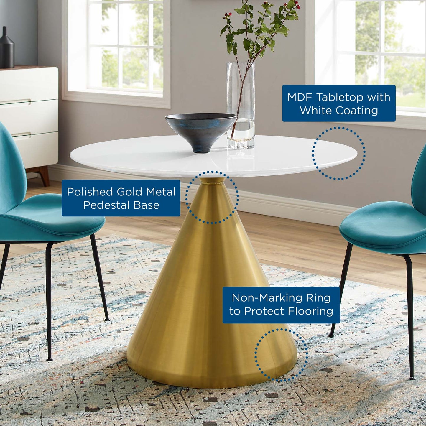 Tupelo 40" Dining Table, Wood, Metal Steel, Gold White, 21010
