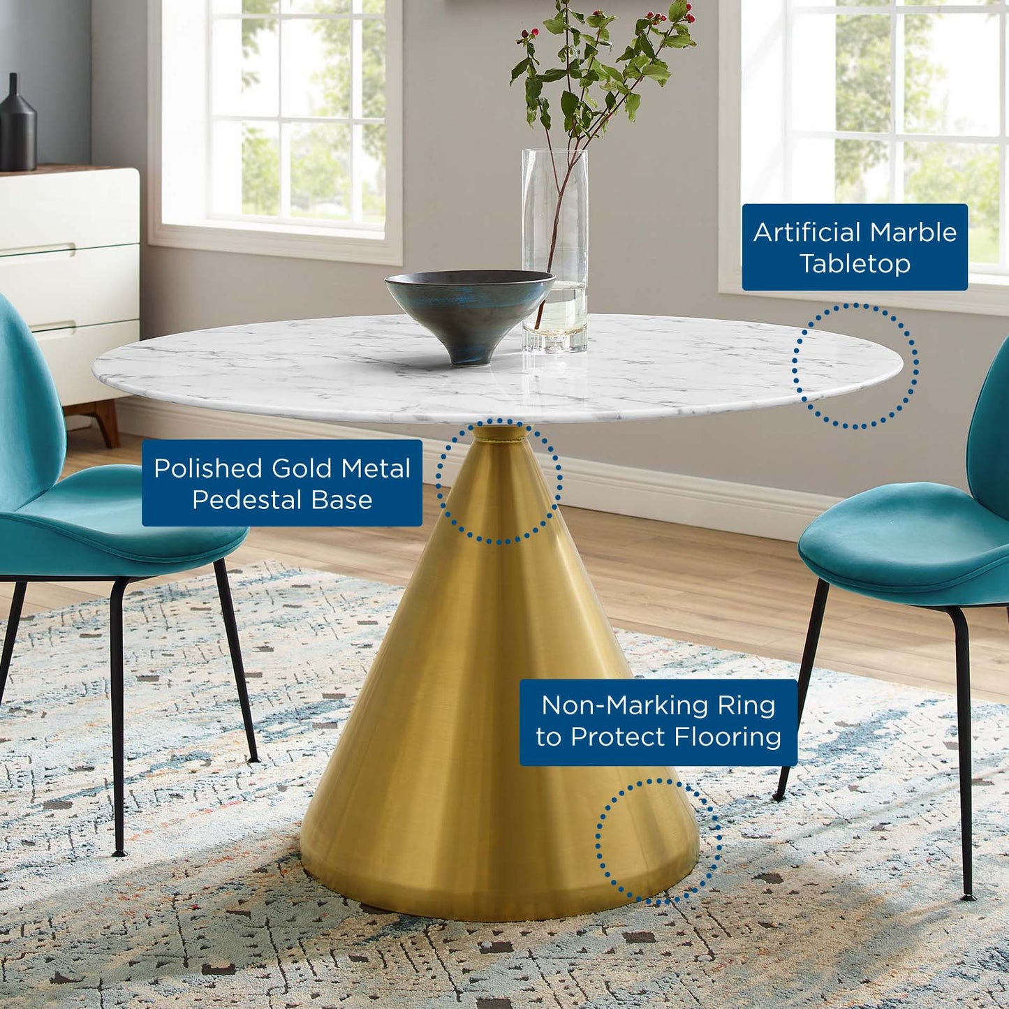 Tupelo 47" Artificial Marble Dining Table, Artificial Marble, Metal Steel, Gold White, 21014