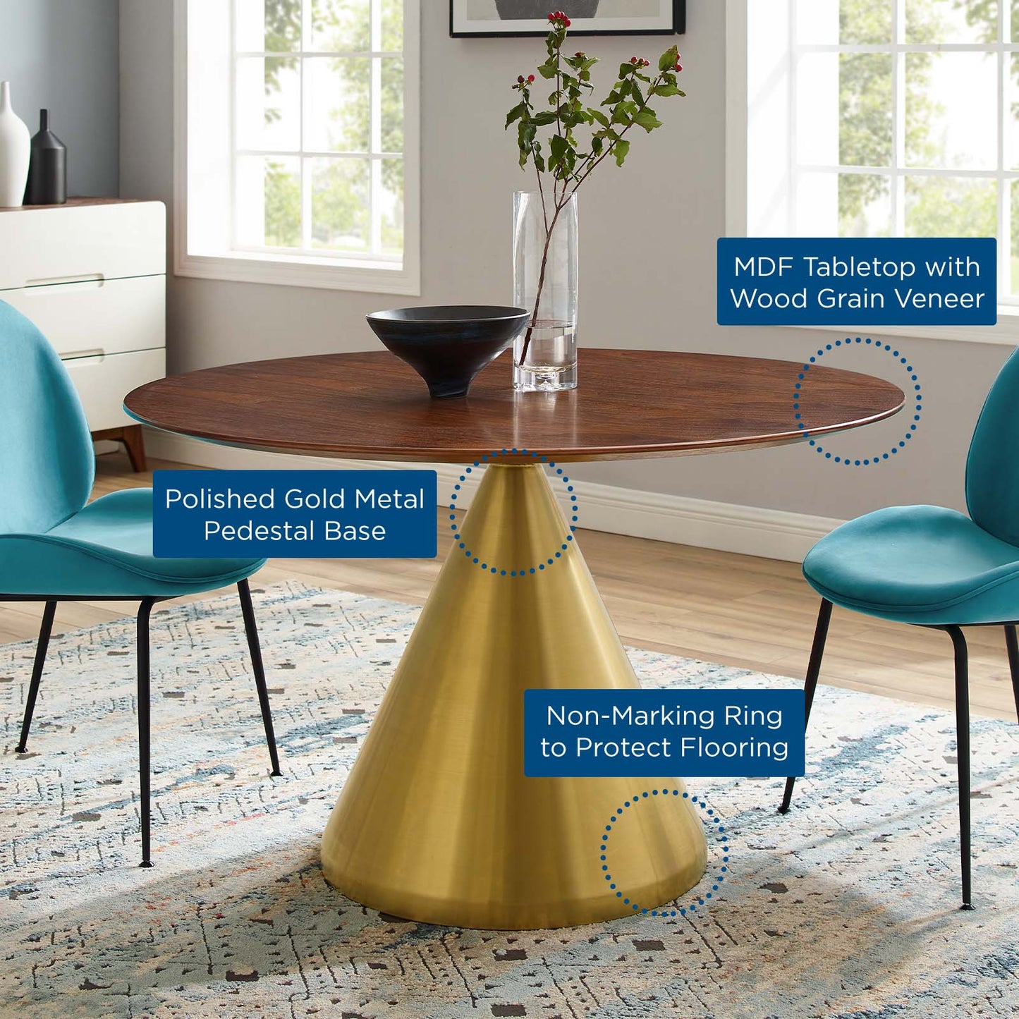Tupelo 47" Dining Table, Wood, Metal Steel, Gold Brown Brown Walnut, 21015