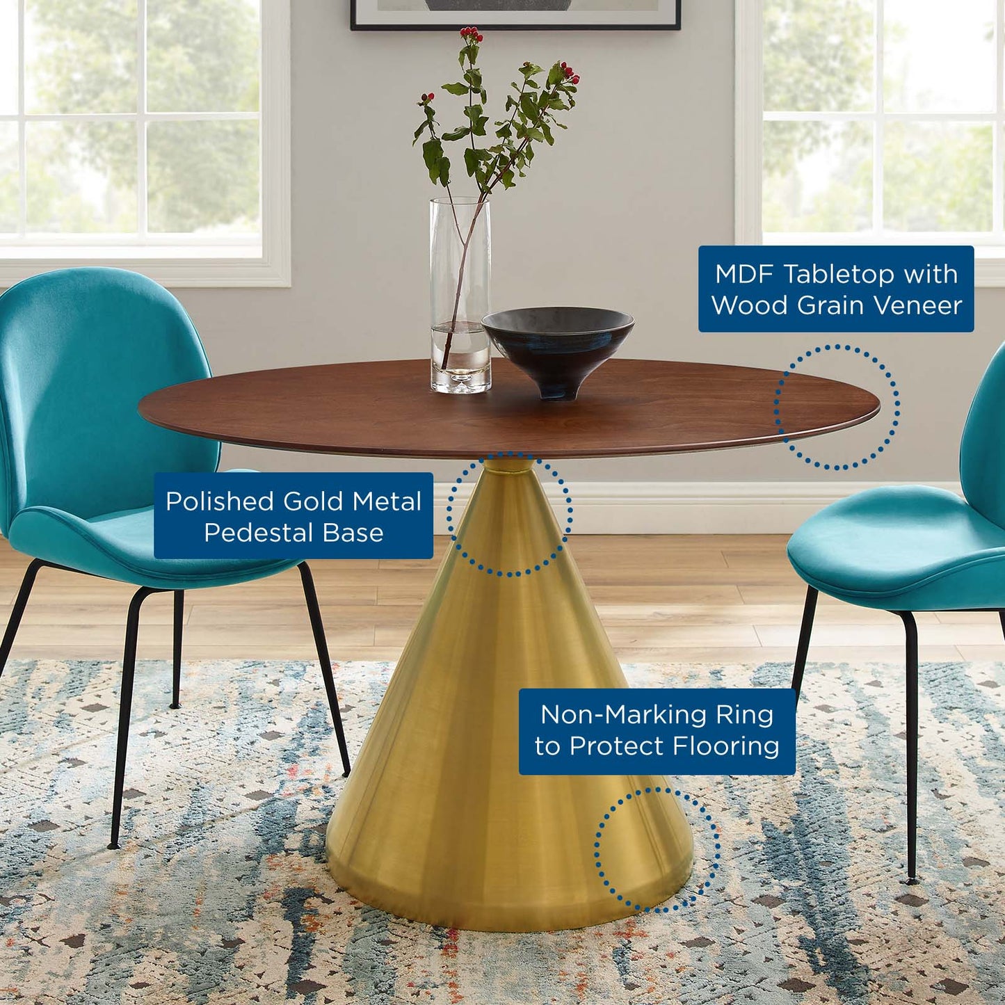 Tupelo 48" Oval Dining Table, Wood, Metal Steel, Gold Brown Brown Walnut, 21017