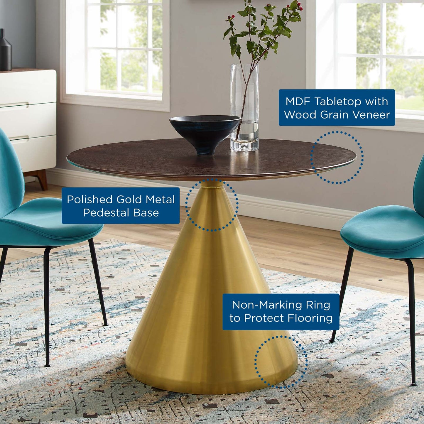 Tupelo 40" Dining Table, Wood, Metal Steel, Gold Dark Brown Brown Walnut, 21019