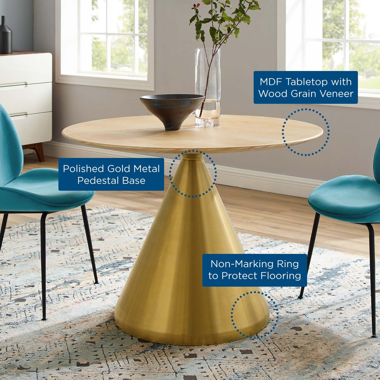 Tupelo 40" Dining Table, Wood, Metal Steel, Gold Brown Natural, 21020