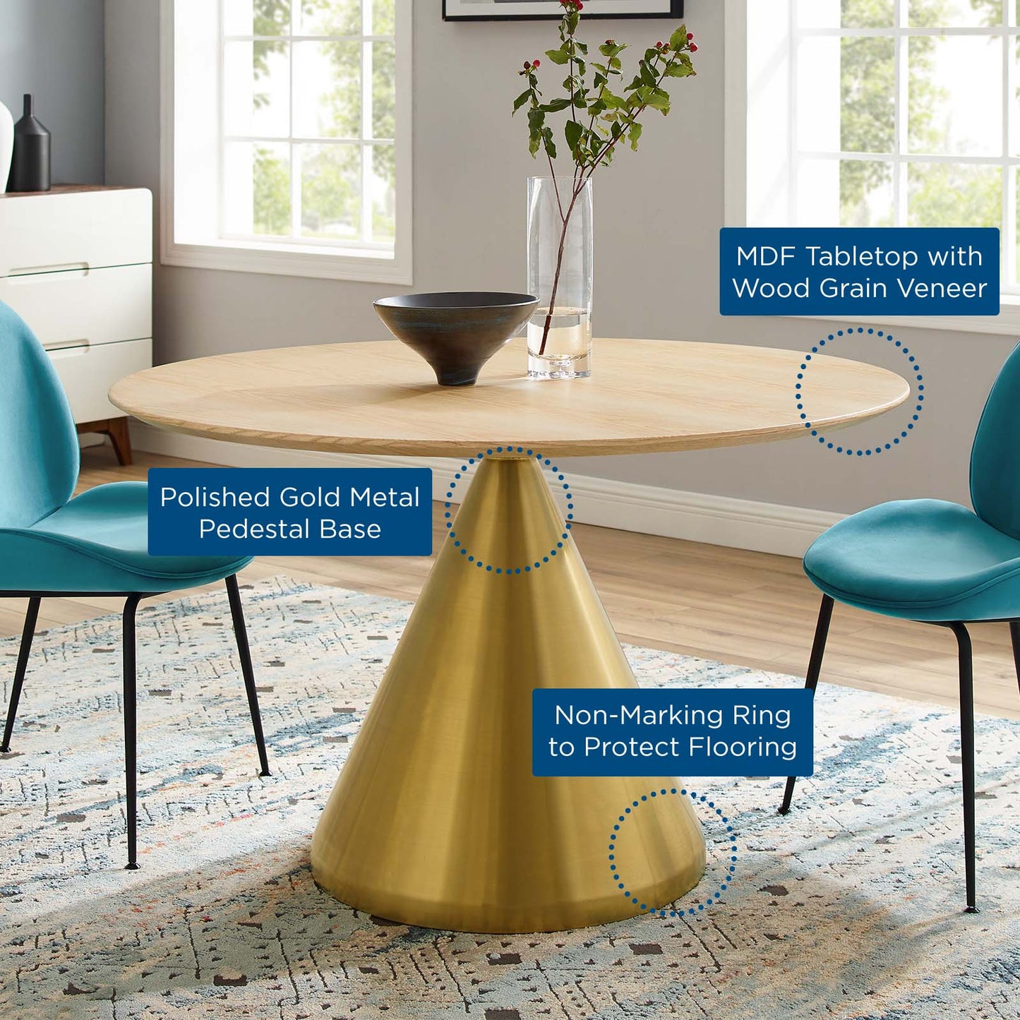 Tupelo 47" Dining Table, Wood, Metal Steel, Gold Brown Natural, 21022