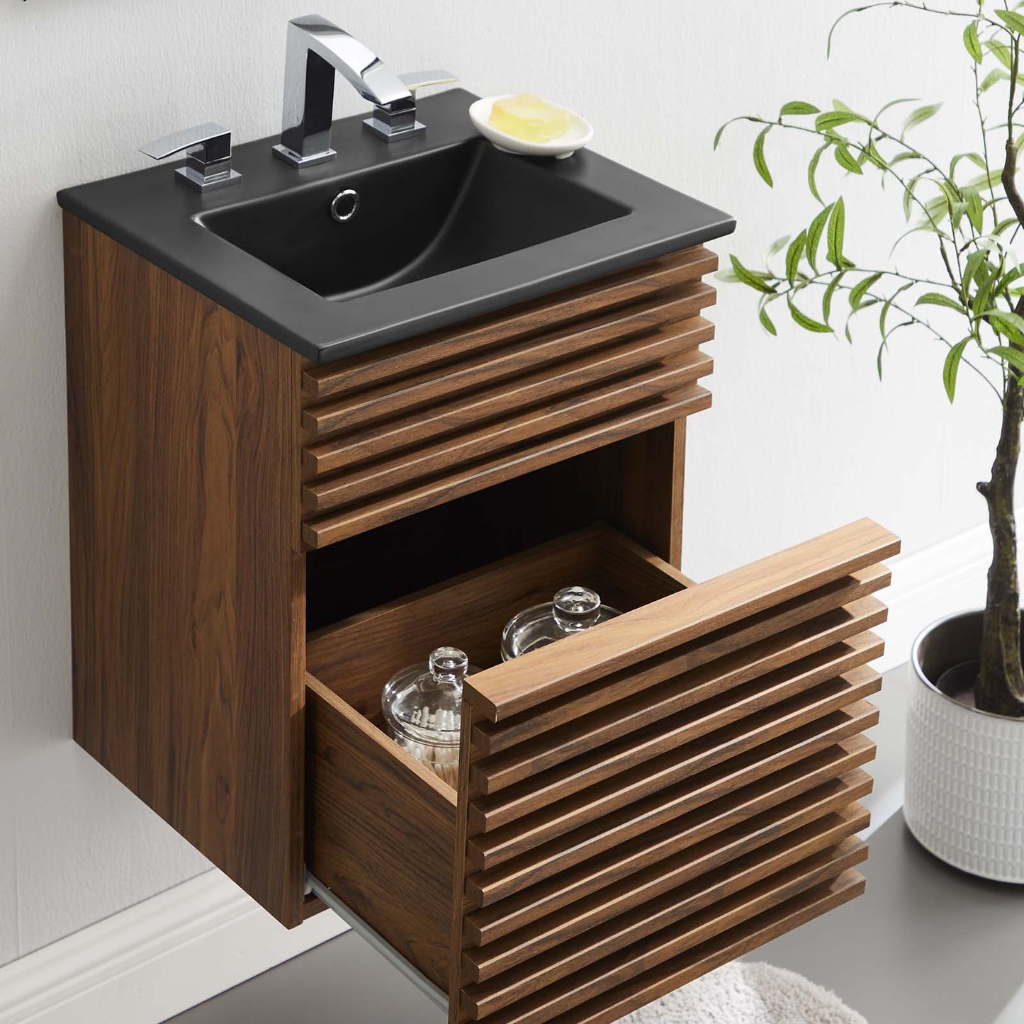 Render 18" Wall-Mount Bathroom Vanity, Wood, Brown Walnut Black, 21058