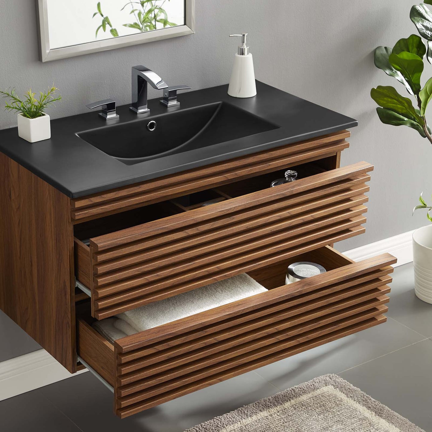 Render 36" Wall-Mount Bathroom Vanity, Wood, Brown Walnut Black, 21063