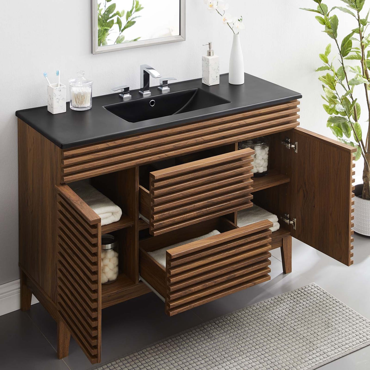 Render 48" Single Sink Bathroom Vanity, Wood, Brown Walnut Black, 21066