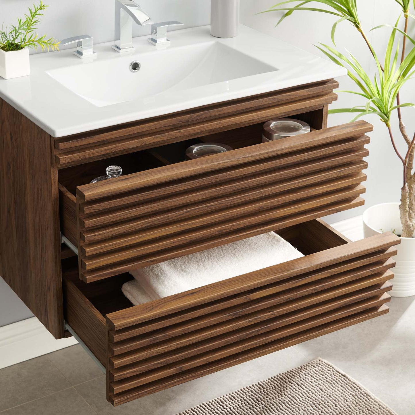 Render 30" Wall-Mount Bathroom Vanity, Wood, Brown Walnut White, 21118