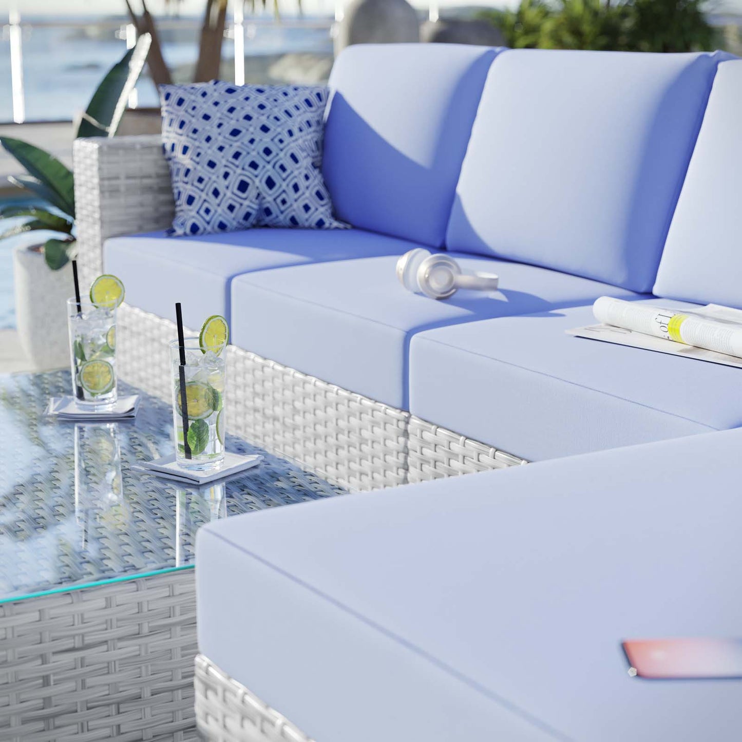 Convene 4-Piece Outdoor Patio Sectional Set, Rattan, Wicker, Light Grey Gray Light Blue, 21127