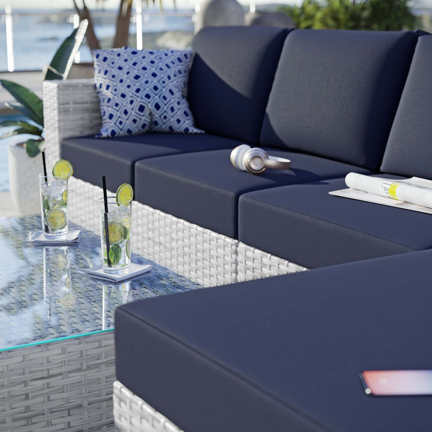 Convene 4-Piece Outdoor Patio Sectional Set, Rattan, Wicker, Light Grey Gray Blue Navy, 21128