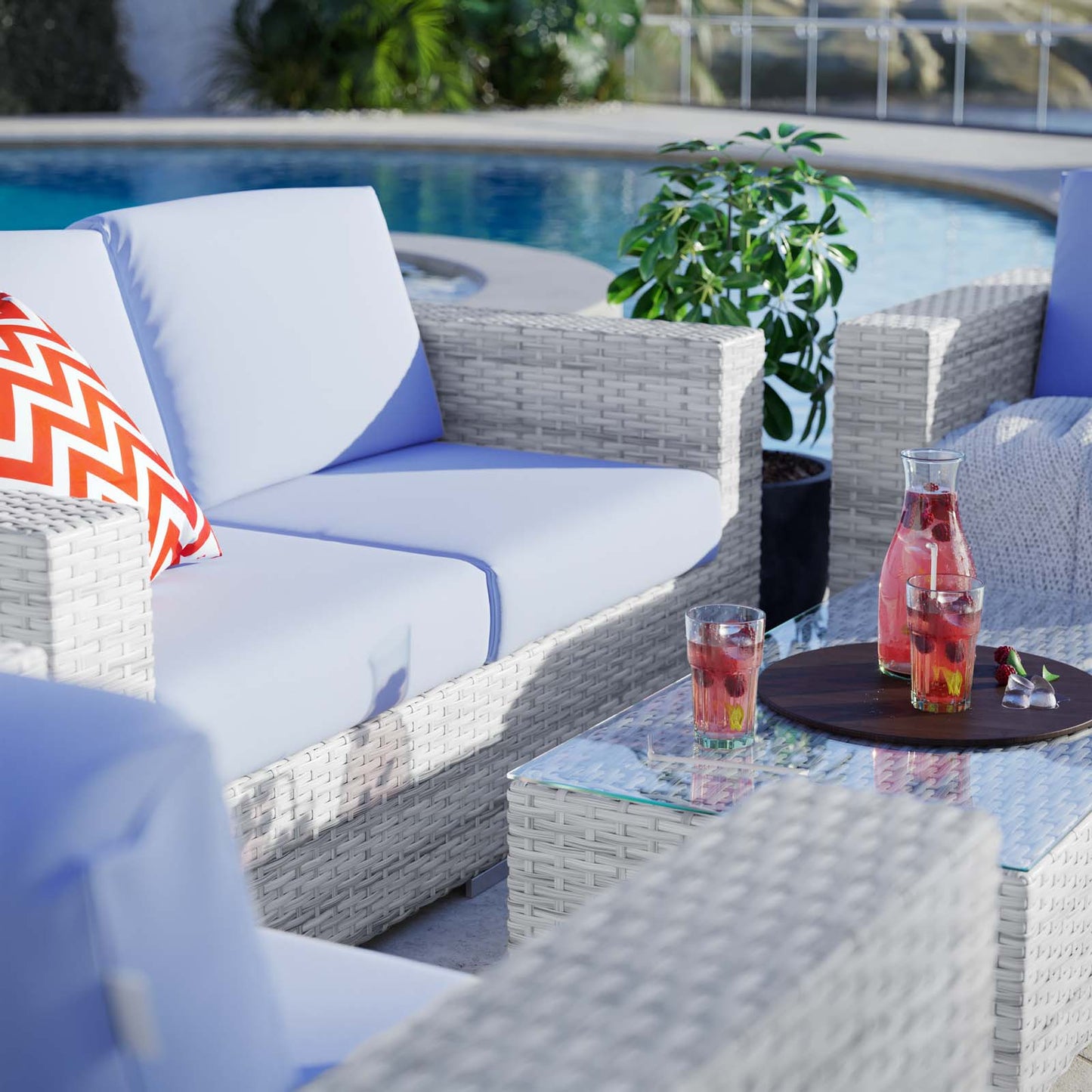 Convene 4-Piece Outdoor Patio Set, Rattan, Wicker, Light Grey Gray Light Blue, 21132