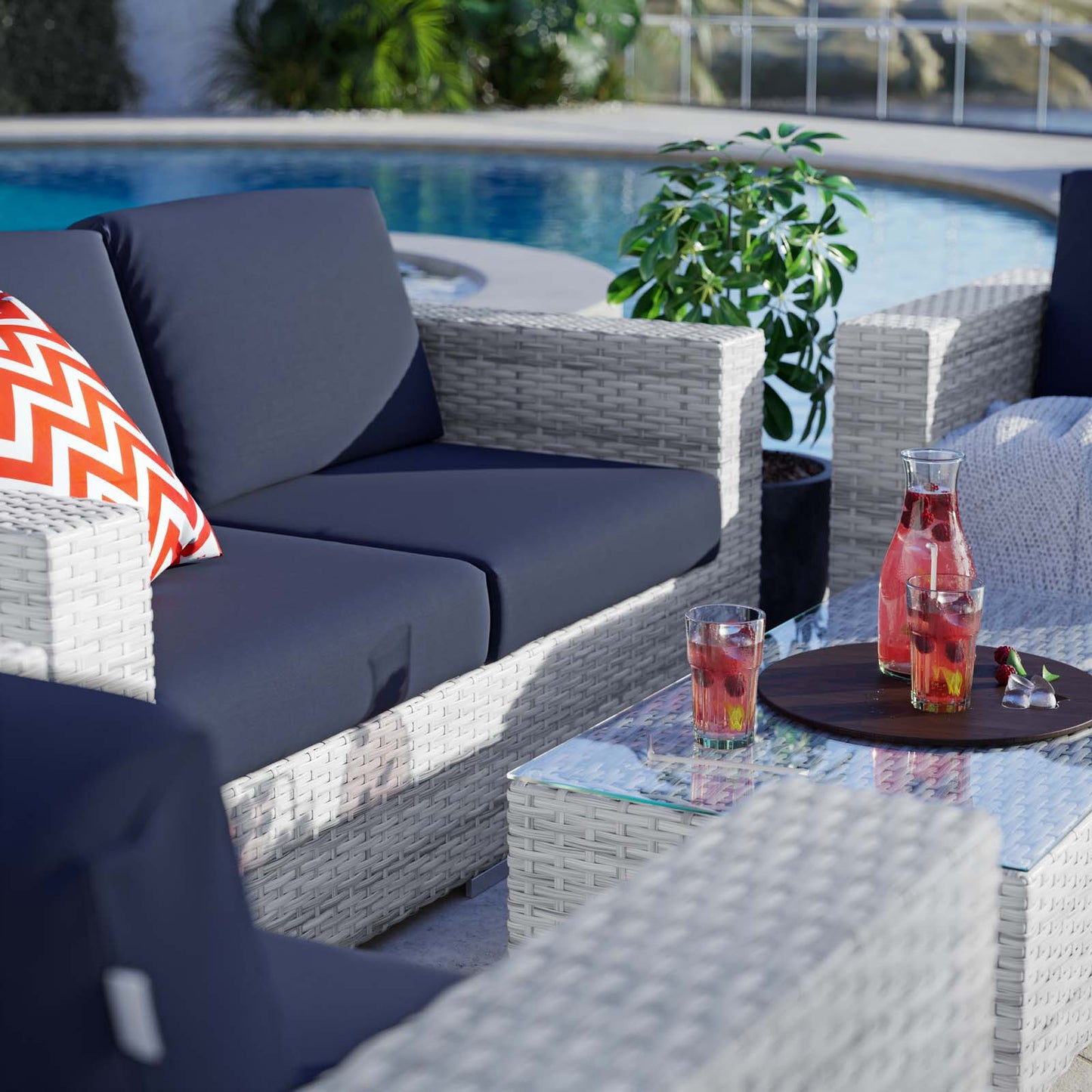 Convene 4-Piece Outdoor Patio Set, Rattan, Wicker, Light Grey Gray Blue Navy, 21133