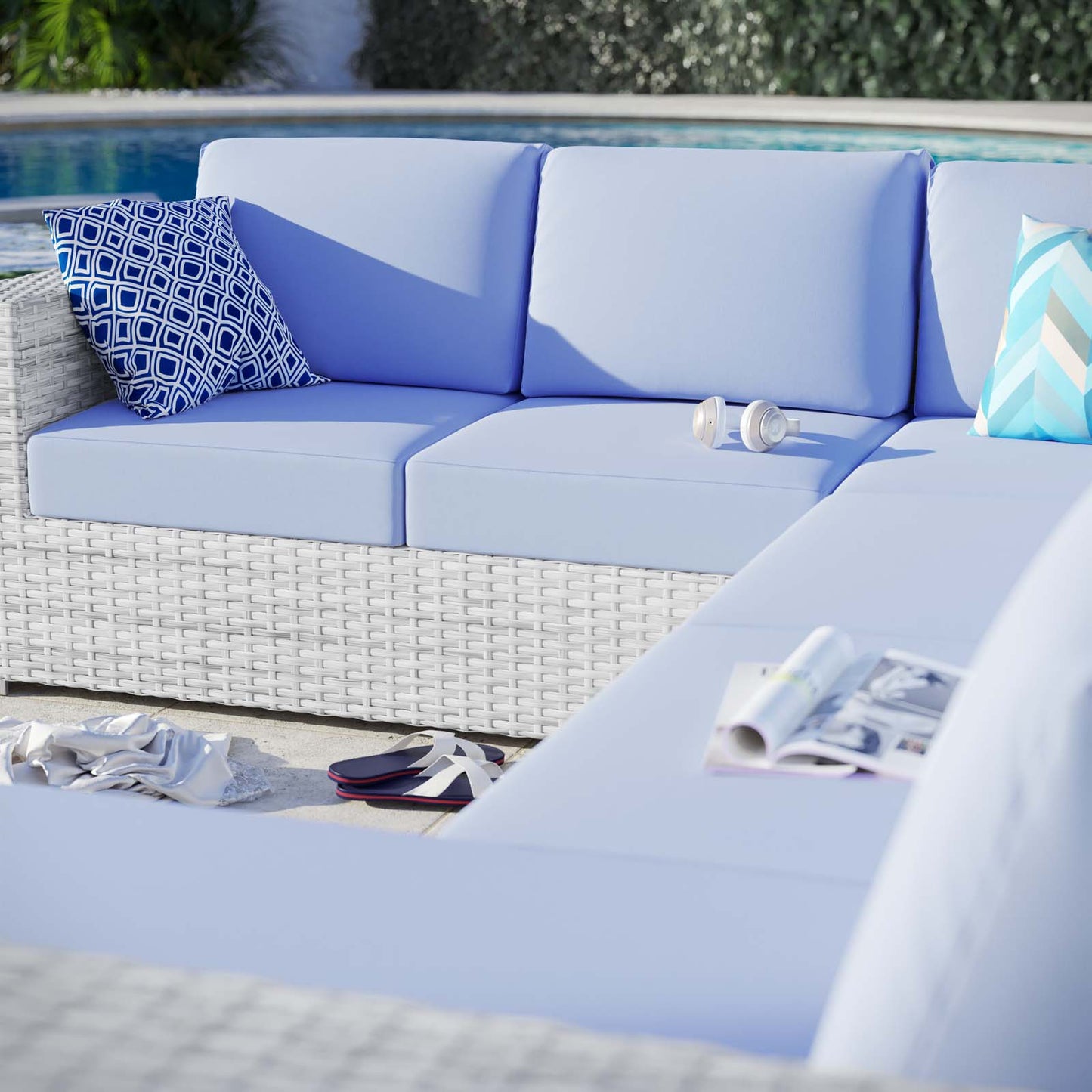 Convene 5-Piece Outdoor Patio Sectional Set, Rattan, Wicker, Light Grey Gray Light Blue, 21142