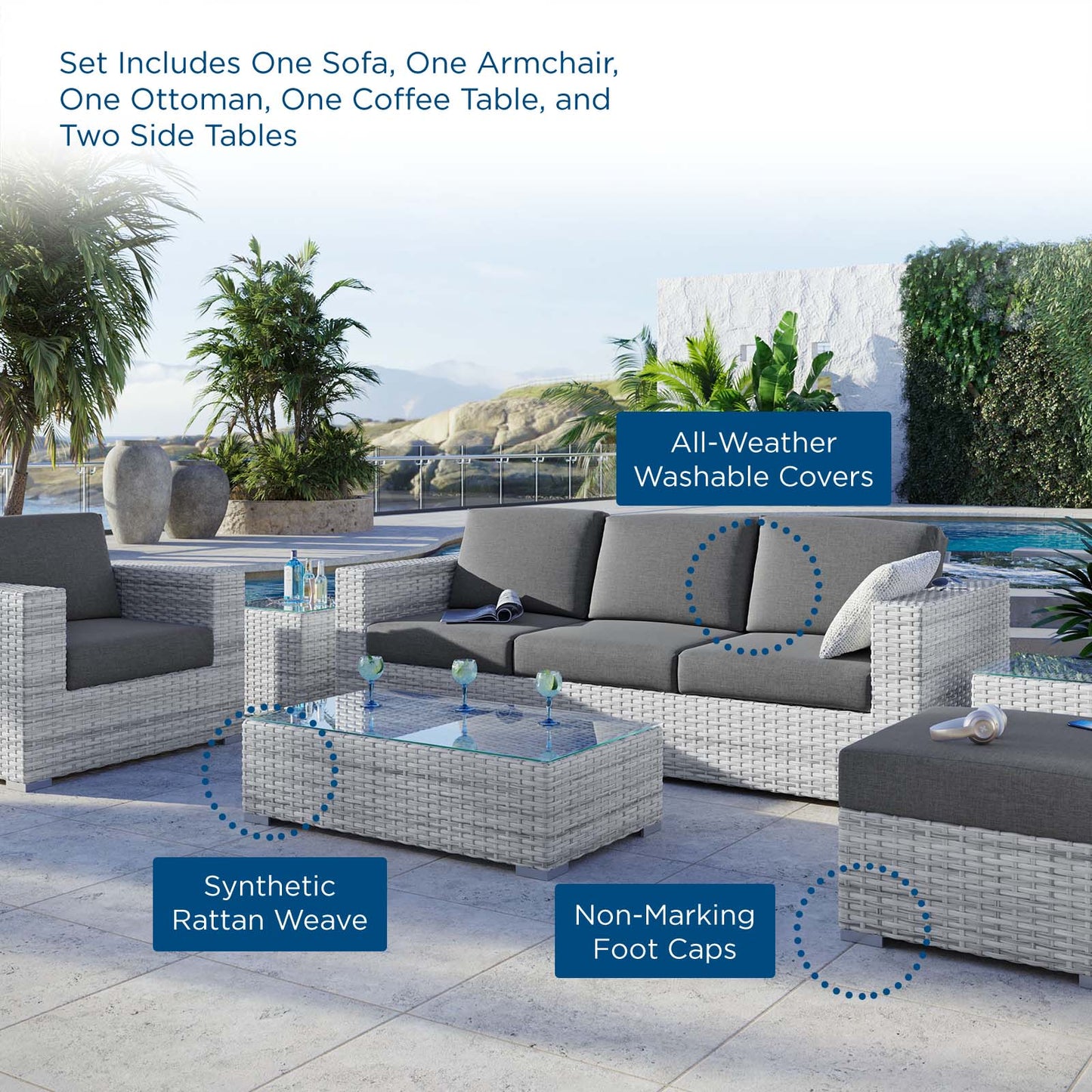 Convene 6-Piece Outdoor Patio Set, Rattan, Wicker, Grey Gray, 21145
