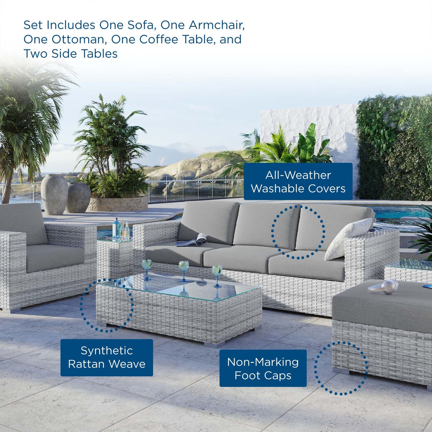 Convene 6-Piece Outdoor Patio Set, Rattan, Wicker, Grey Gray, 21146