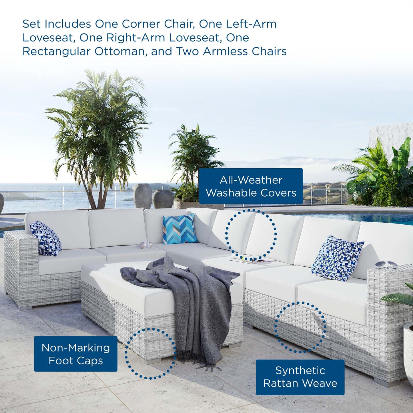 Convene 6-Piece Outdoor Patio Sectional Set, Rattan, Wicker, Light Grey Gray White, 21154