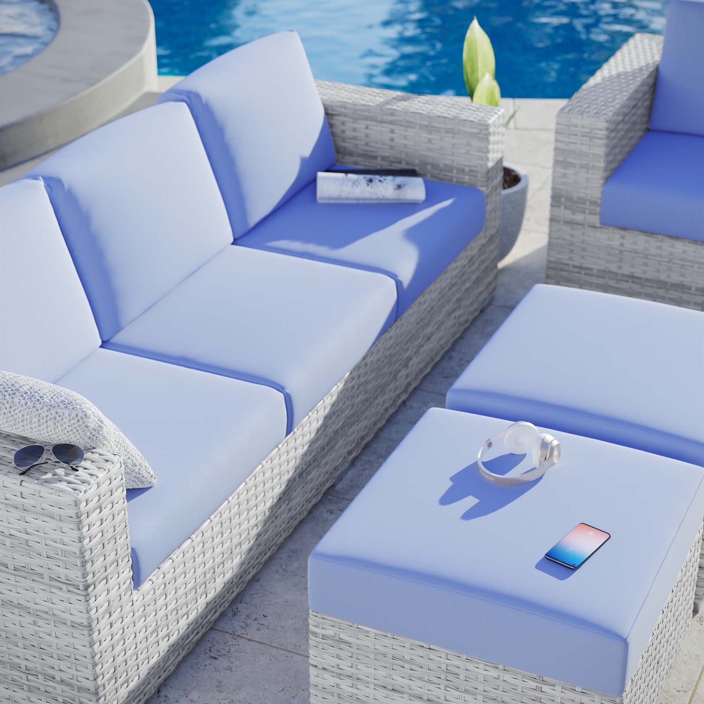 Convene 4-Piece Outdoor Patio Set, Rattan, Wicker, Light Grey Gray Light Blue, 21157