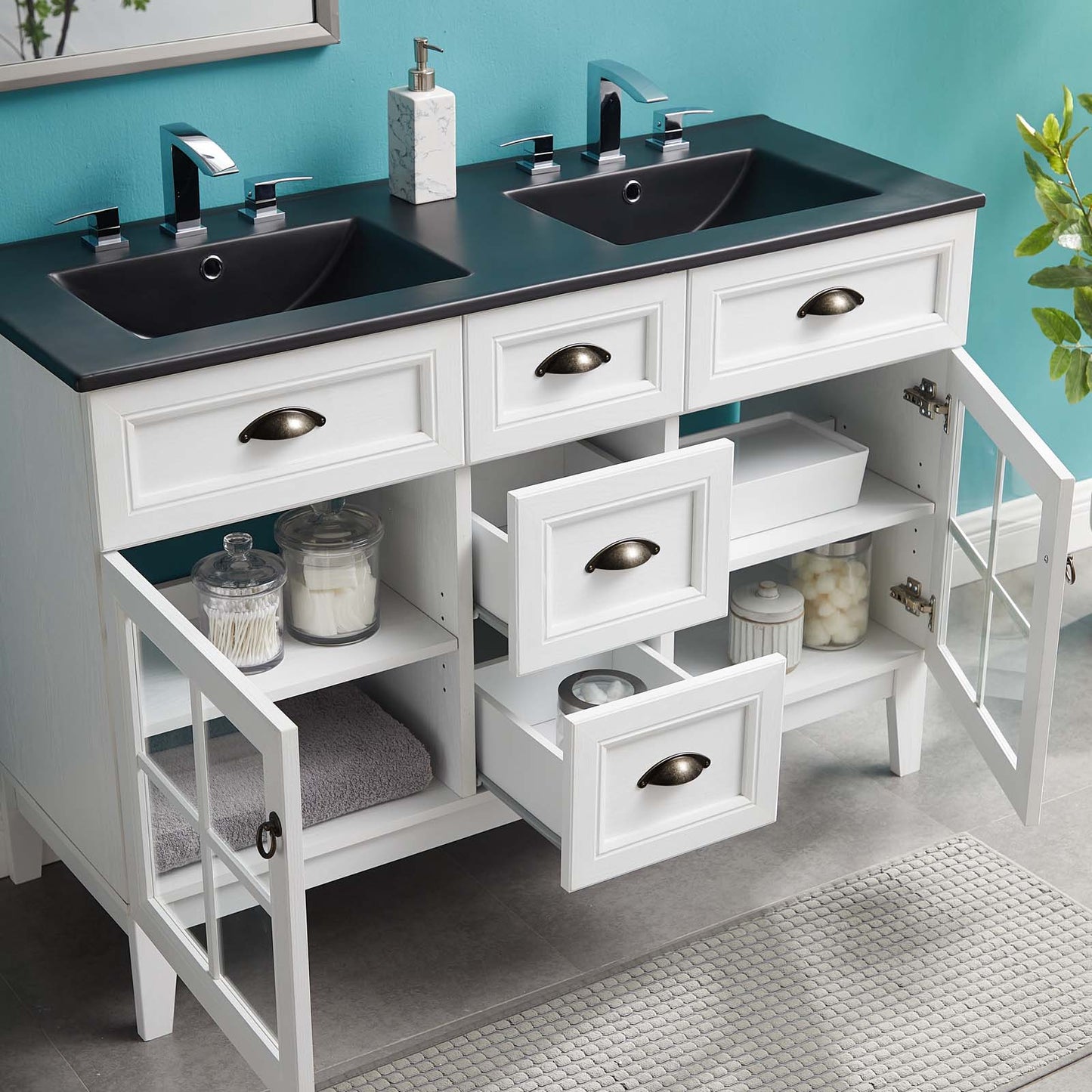 Isle 48" Double Bathroom Vanity Cabinet, Wood, White Black, 23154