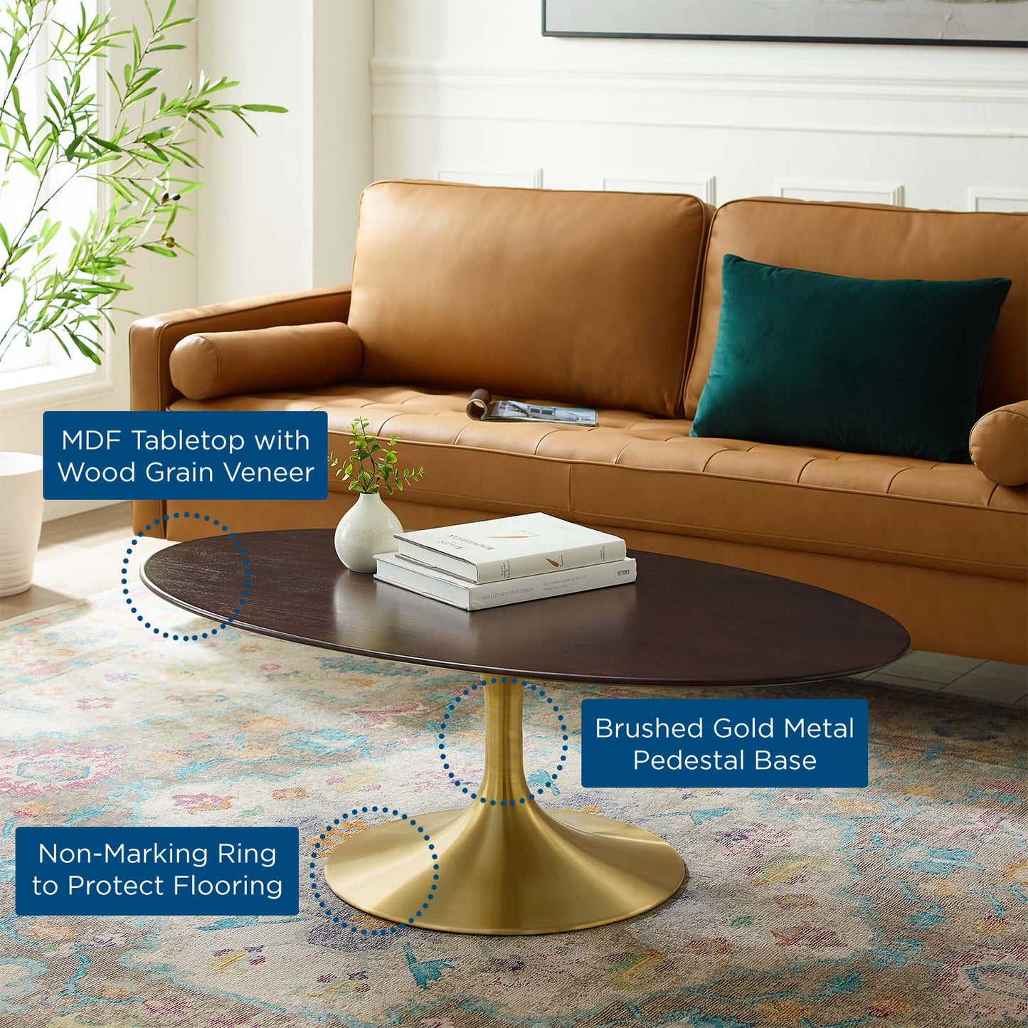 Lippa 48" Oval Wood Coffee Table, Wood, Metal Steel, Gold Dark Brown Brown Walnut, 21200