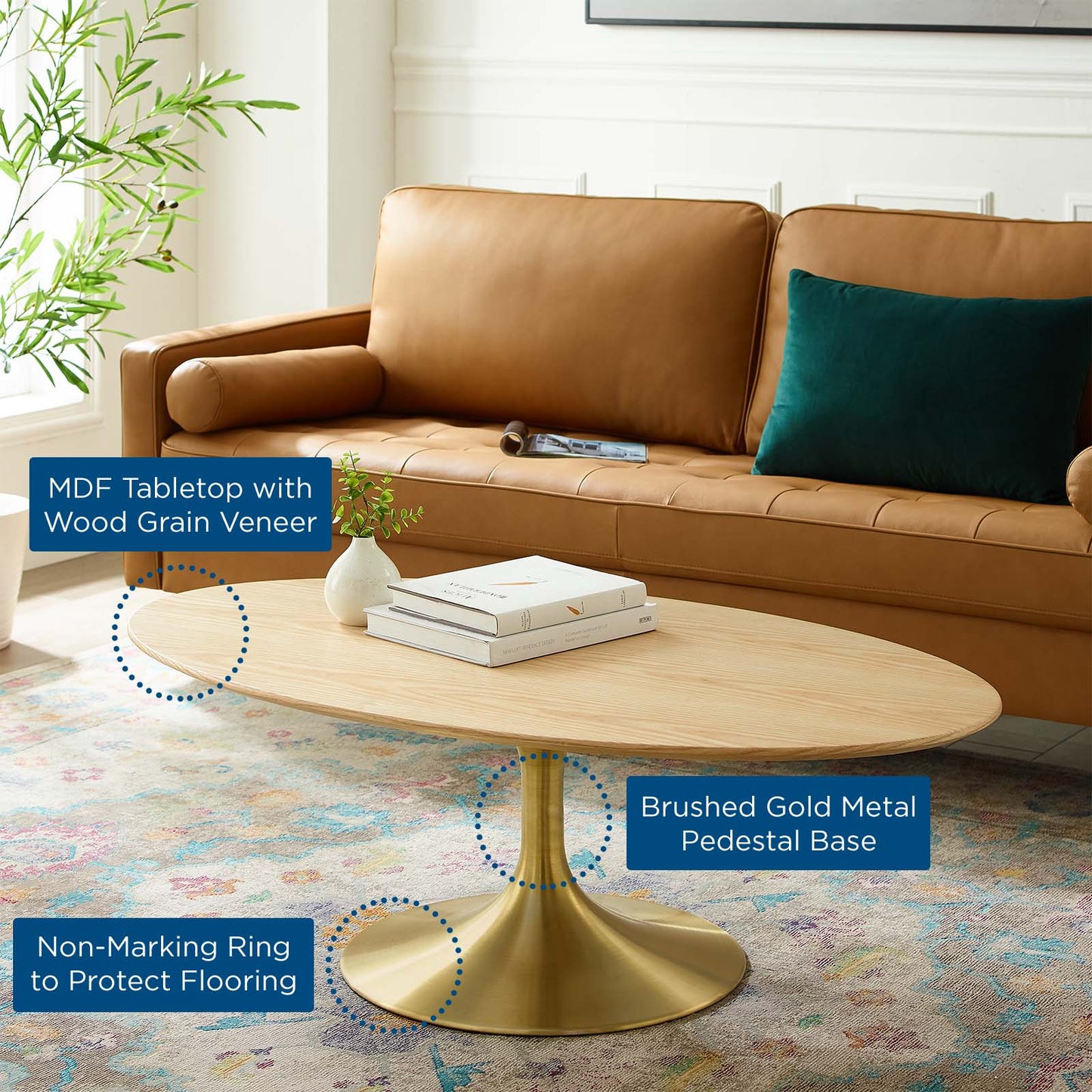 Lippa 48" Oval Wood Coffee Table, Wood, Metal Steel, Gold Brown Natural, 21201