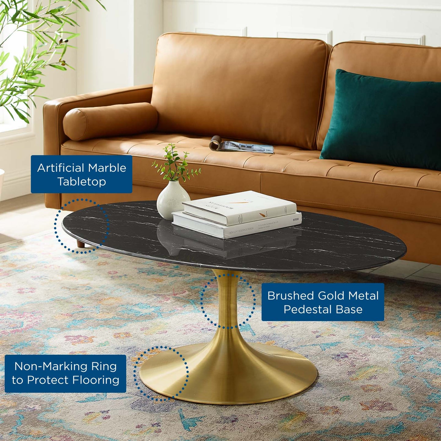 Lippa 42" Oval Artificial Marble Coffee Table, Artificial Marble, Metal Steel, Gold Black, 21203