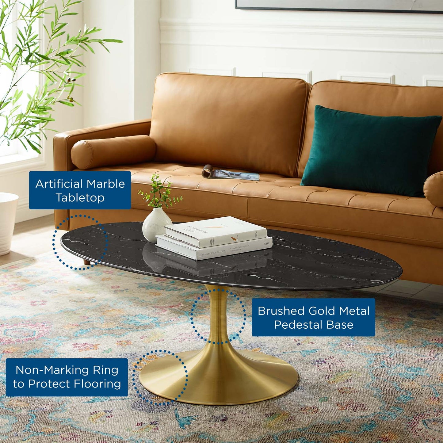 Lippa 48" Oval Artificial Marble Coffee Table, Artificial Marble, Metal Steel, Gold Black, 21204