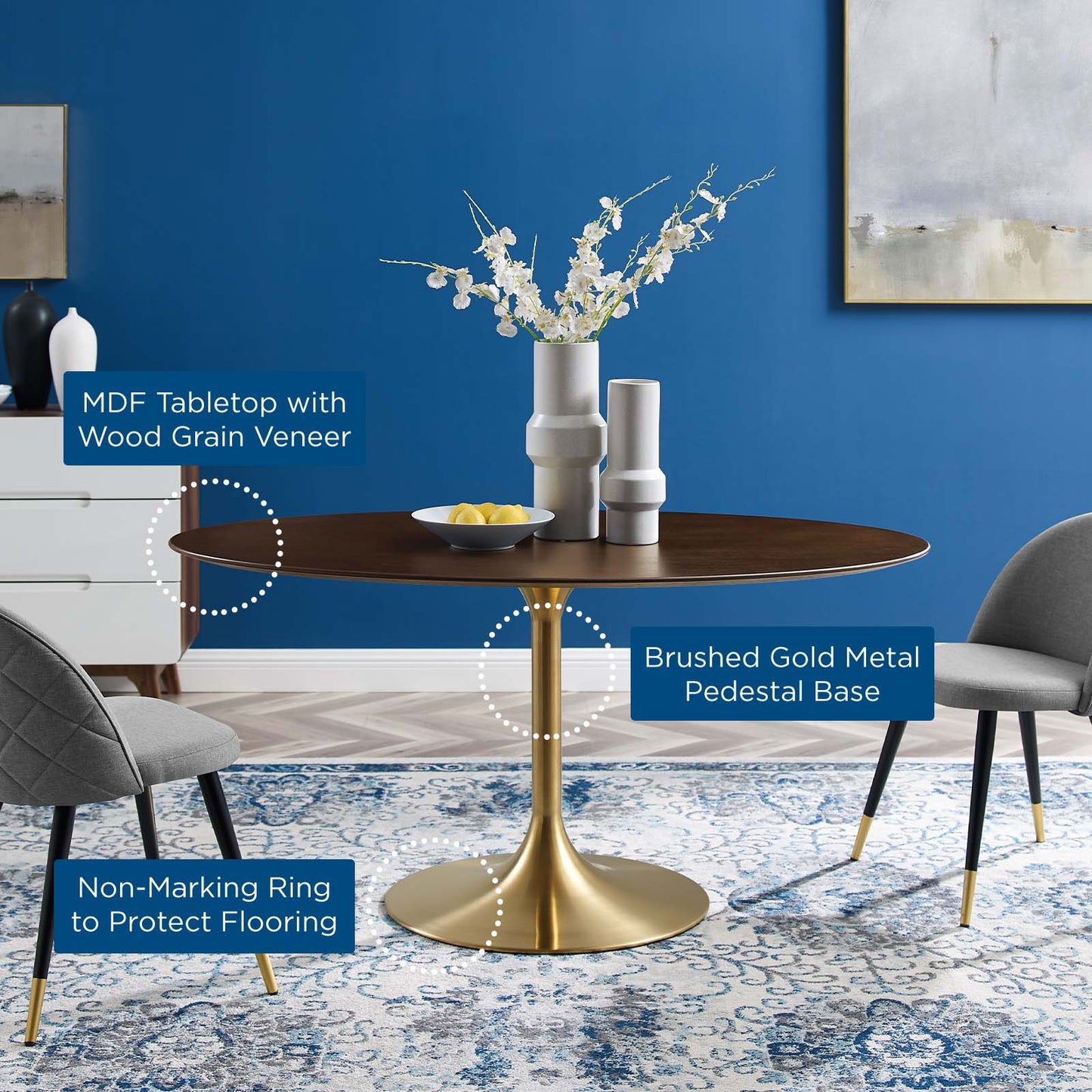Lippa 60" Oval Wood Dining Table, Wood, Gold Dark Brown Brown Walnut, 21205