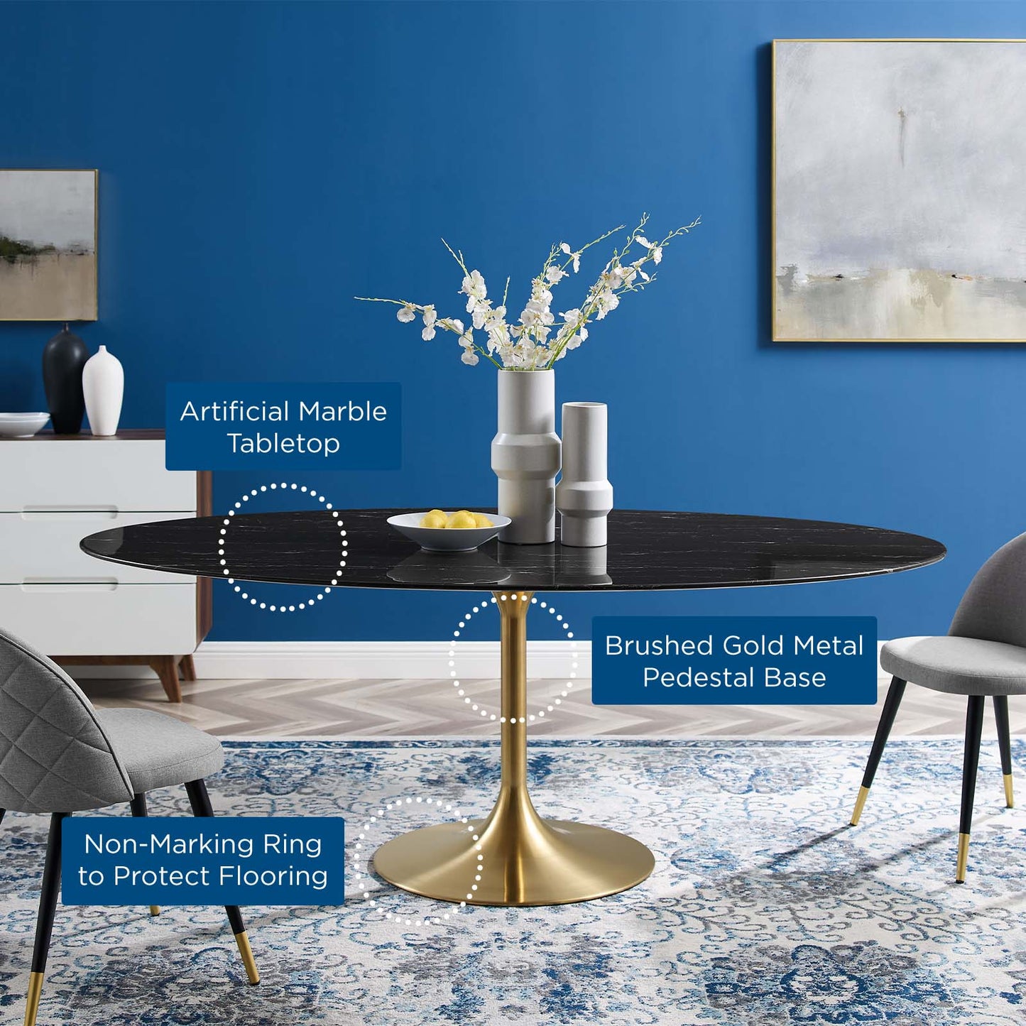 Lippa 78" Oval Artificial Marble Dining Table, Artificial Marble, Metal Steel, Gold Black, 21209