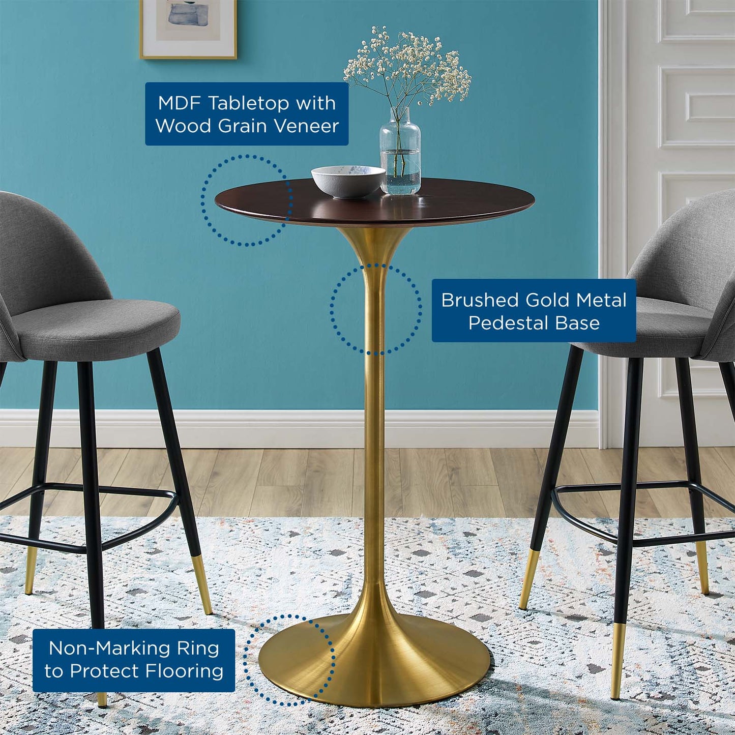Lippa 28" Wood Bar Table, Wood, Metal Steel, Gold Dark Brown Brown Walnut, 21210