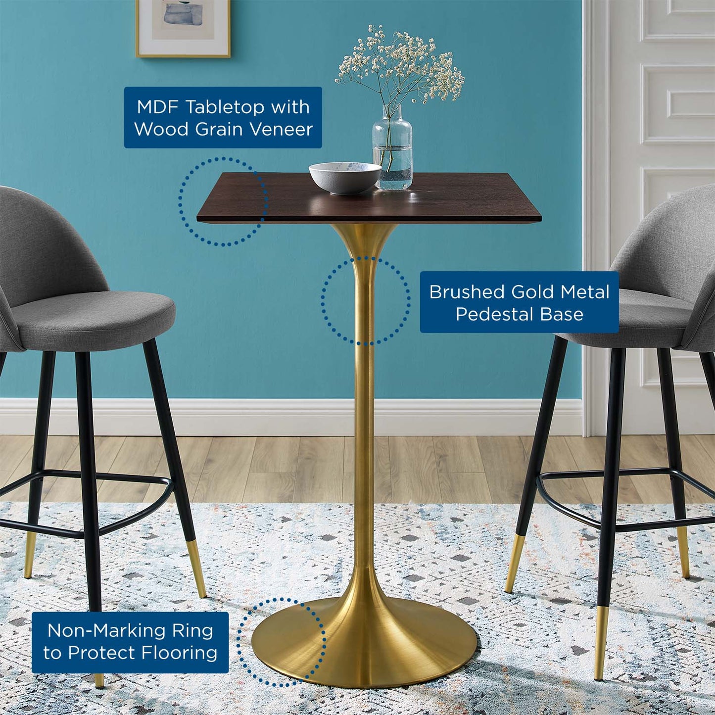 Lippa 28" Square Wood Bar Table, Wood, Metal Steel, Gold Dark Brown Brown Walnut, 21212
