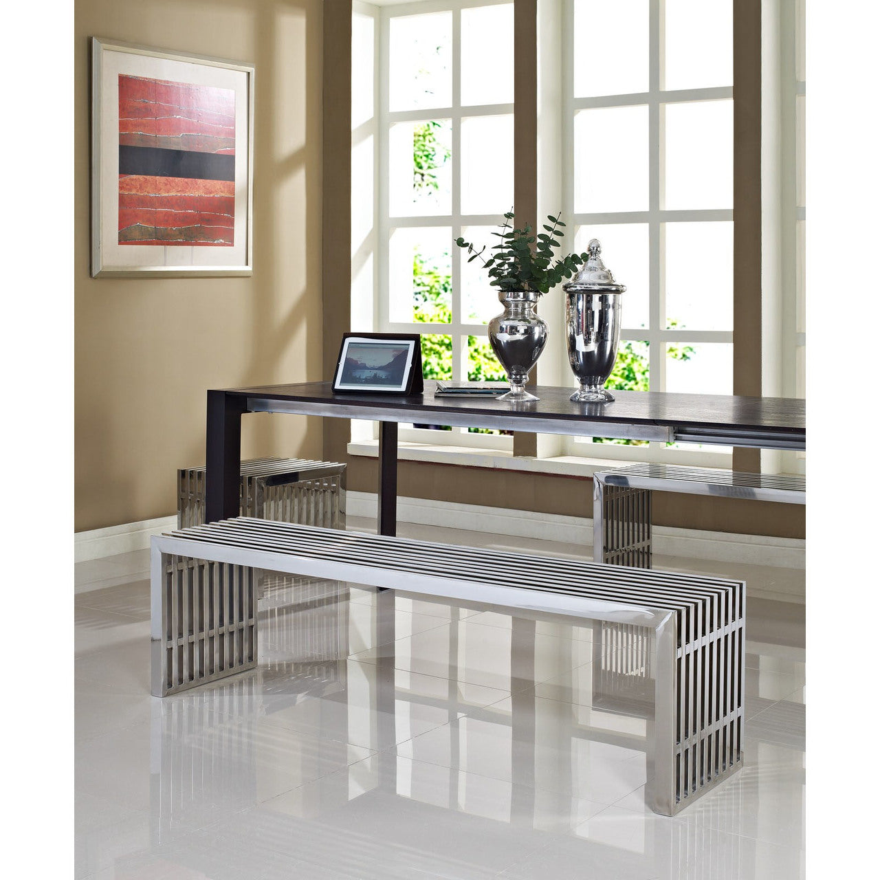 Gridiron Benches Set of 3, Metal Steel Stainless Steel, Silver 14339